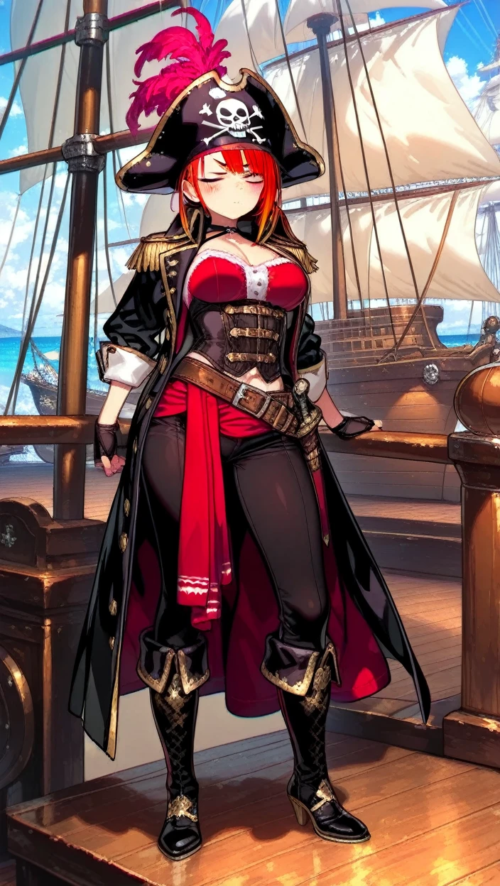 A stunning female rayneclassic stands poised on the weathered deck of a majestic ship at night in Miami. Her porcelain skin glows softly, illuminated by the warm light of the loghthouse. Delicate features and raven tresses frame her enigmatic smile as she gazes out to sea, the wind gently tousling her locks, (((wearing short skirt with long cloak and high boots, medium breasts, cleavage,))), short red hair, looking at the viewer, smiling, closeup portrait, good hands, short hair, red hair