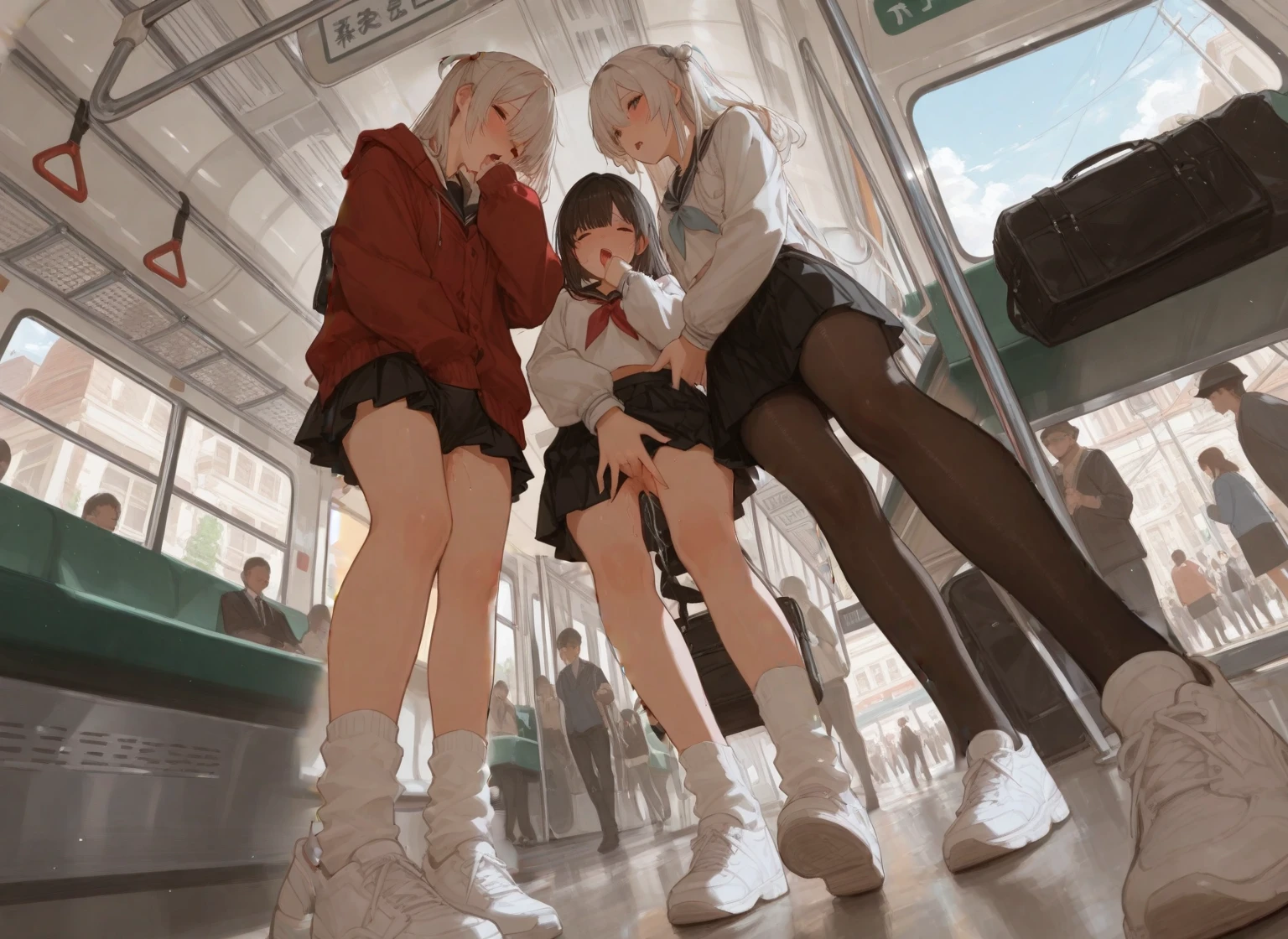 highest quality, Ultra-detailed, 8K, Five Girls,on the train, Seats across from you, Window on the back, high school girl, Wearing a short skirt, Her skirt is flipped up, whole body,Two are kissing, Sitting, Spreading her legs, (blush:1.2), ((Pussy juice:1.3)), (Sexual pleasure expression:1.4), lily, nsfw