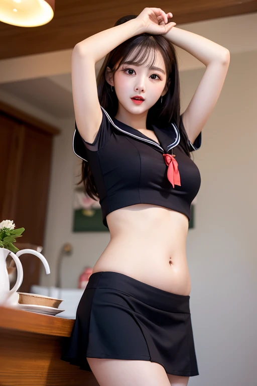 ((((8k))),((Extremely detailed CG)) ,(Shooting training:1.2)),16k,((Very sophisticated and beautiful))，(((masterpiece))),(((highest quality))),(((超High resolution))),Beautiful lighting,Perfect Lightning,Realistic shadows,[High resolution],(Smooth and perfect white skin:1.5),(Pale skin:1.3),Extremely detailed facial details,(Perfect body:1.1),Super detailed,Beautiful woman,alone,Small Head,ponytail、(medium:1.5),Small face,Exquisite makeup,(Medium chest,Small waist:1.1),slim,thin,Happy,(smile:1.0),(Thin legs:1.1),(whole body:1.1),(Gaunt:1.1 ), (Skinny:1.1),(Black Sailor Suit,Close-fitting clothing),((underboob:1.4)),((belly button:1.4)),((Plate skirt,Black short skirt:1.4))((Fleet Collection,Kantai Collection,Yao:1.2)),((Knee-high socks:1.4))
