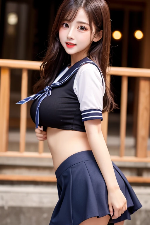 1 female,(((sailor suit))),((skirt lift)),show off panties,((lace pantie)),,shy、blush,(red cheek)、thighhighs,((loafers)),curvy thighs,Breathless face、sweating、Excited facial expression、Long Hair、Realistic,High resolution,Soft Light,Large Breasts, blue eyes,