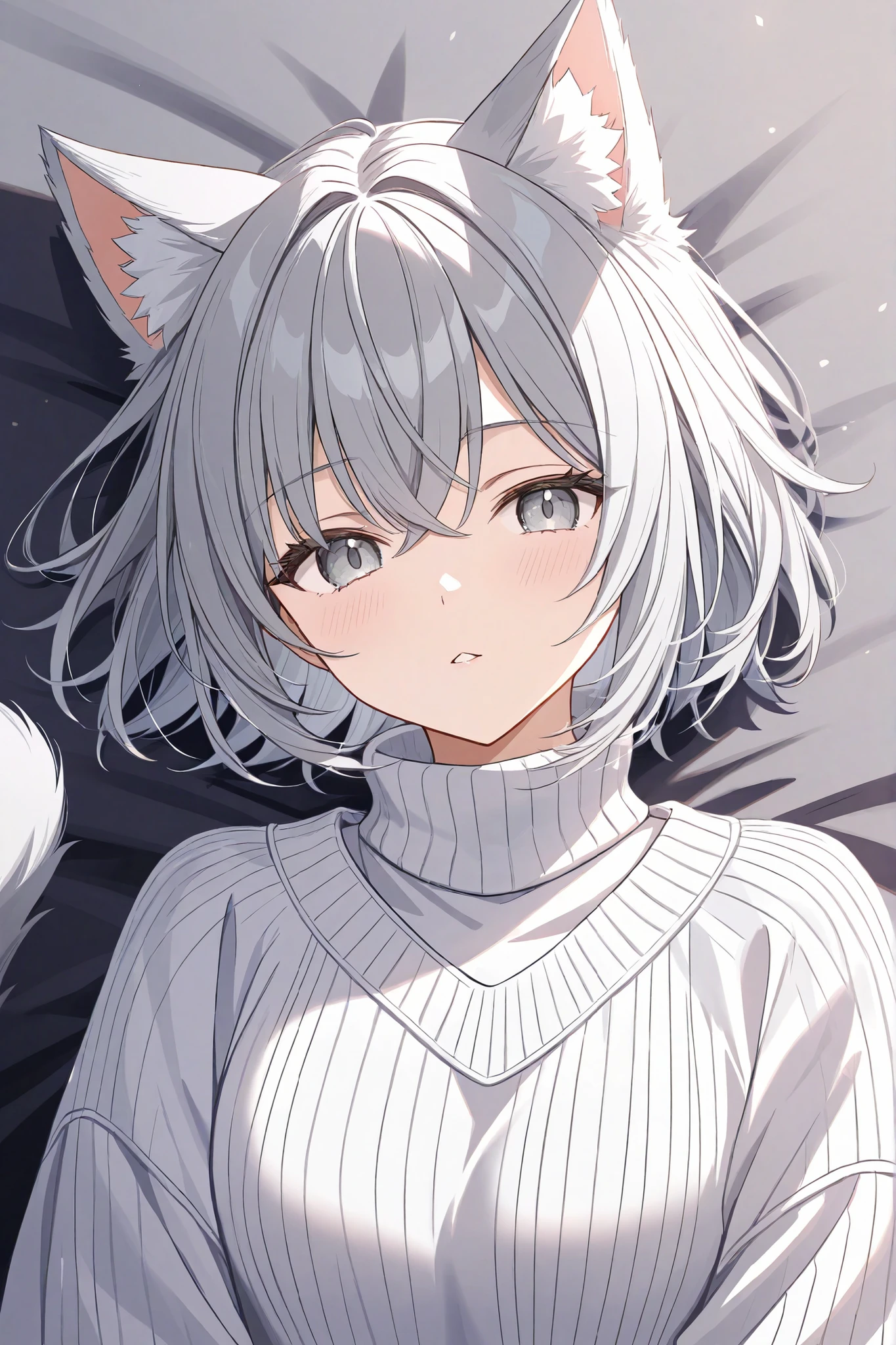 A cat girl wearing a white sweater, short silver hair, and gray eyes