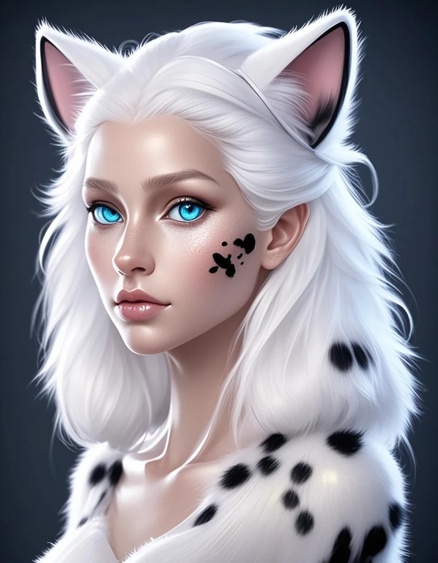 Solo, score_9,score_8_up,score_7_up, source_cartoon, source_furry, Kat, Anthro furry feline girl, tall body, hourglass figure, adult female, blue eyes, :3, snout, pink nose, silver furry body, grey tabby cat stripes, long blonde hair, hair covering one eye, standing, loving expression, simple white background, wearing blue bandeau, (realistic, photorealistic, hyper realism, photograph, hyper detailed fur):1.3