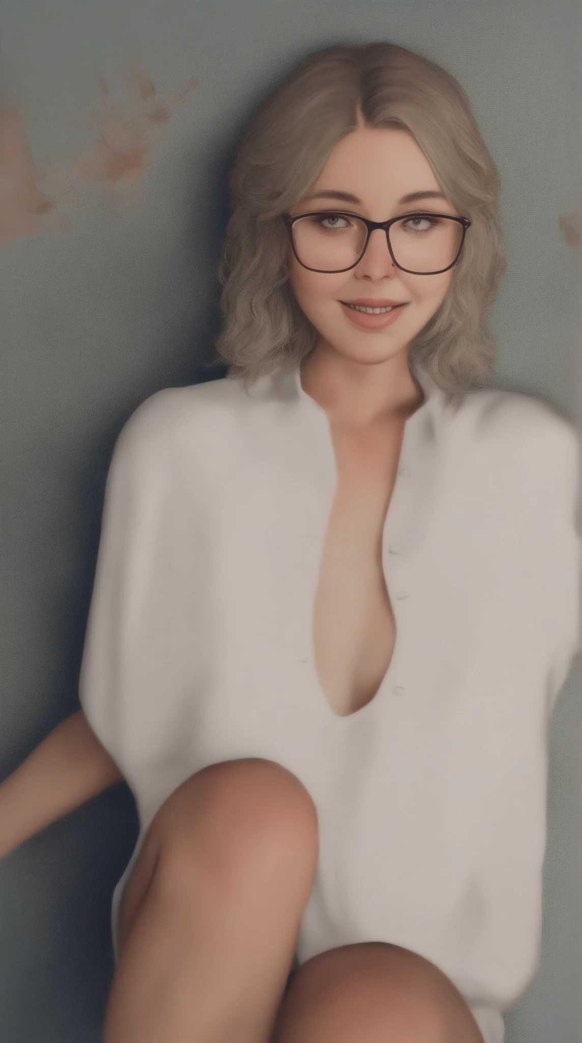 (Realistic), (Mature Woman), Very Detailed, 1 Girl, (Very Big Breasts), Glasses, Smile, Blonde short Hair, Brown Eyes, (Long Blue Sweater), (long Gray Skirt), ((Thighs)), upskirt , pantyhose
