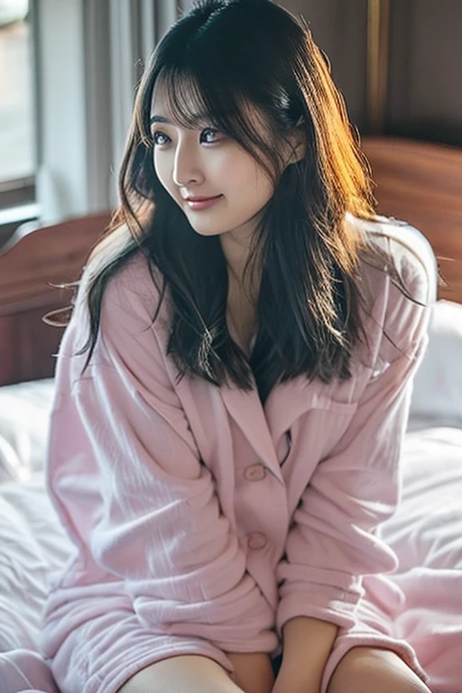 (8K、RAW Photos、Highest quality、masterpiece:1.2)、((pinkish-brown hair、Medium Hair、Narrow eyes、Squint your eyes and laugh、Dimples:1.5))、(Realistic、Realistic)、1 Girl、((naked、wake up、After sexual、morning、 Hotel Bedroom、Lying in bed、Bathrobes、Flat Chest、smile))、cute