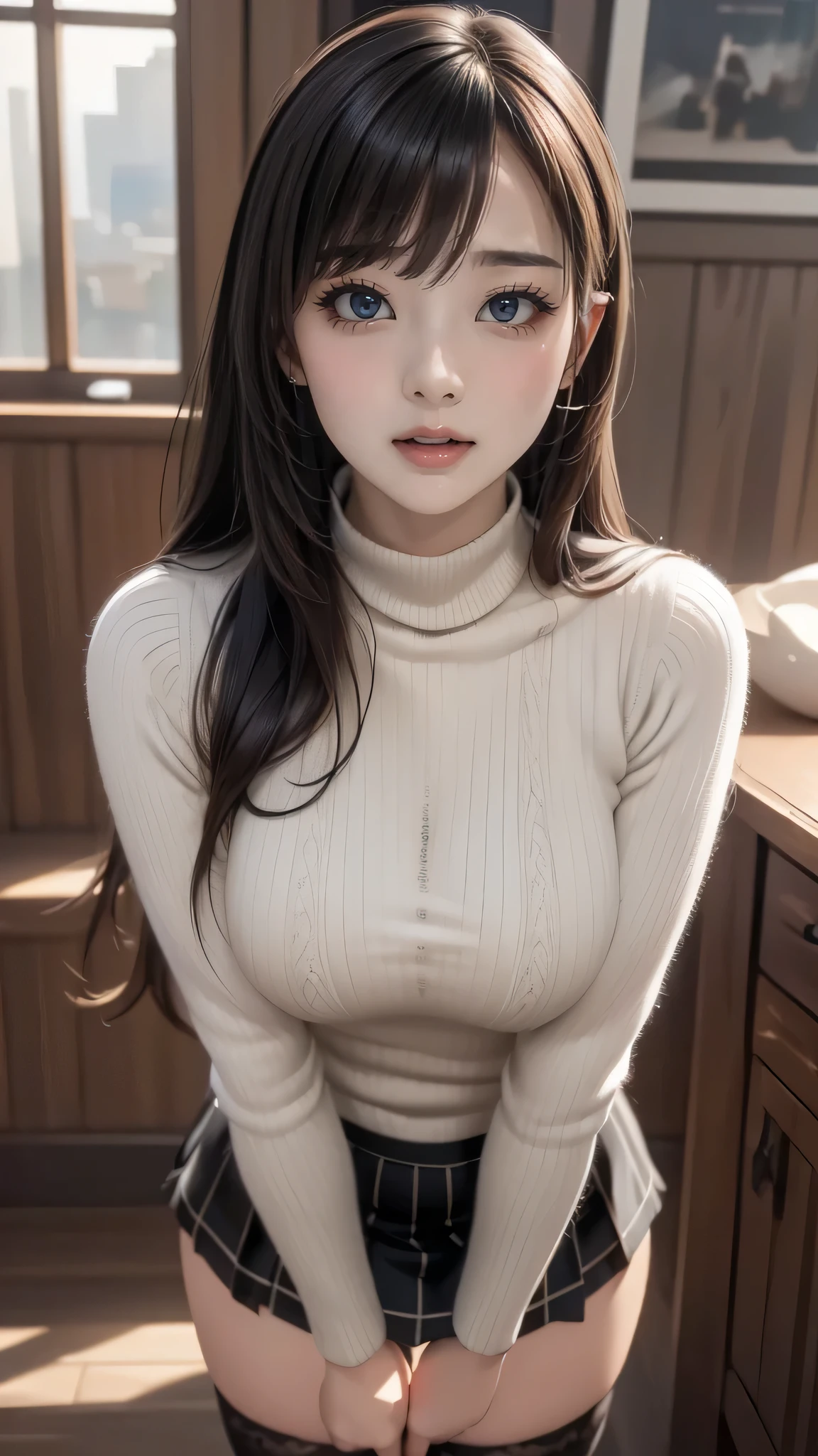 (random porn pose),(random hairstyle),(Highest image quality,(8k),ultra-realistic,best quality, high quality, high definition, high quality texture,high detail,beautiful detailed,fine detailed,extremely detailed cg,detailed texture,a realistic representation of the face,masterpiece,Sense of presence),sweater,tight mini skirt,stockings,Engineer boot