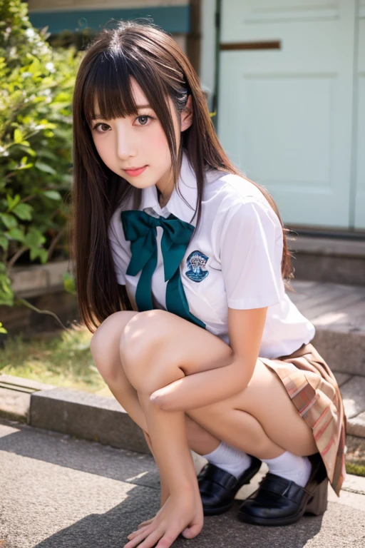Pure young Japanese school girl, natural body, beautiful legs, wearing uniforms, (panty), sneakers, natural makeup, natural hairstyles, sweet smile, sitting, spread wide legs, lift up skirt, professional portrait photography, sunlight,