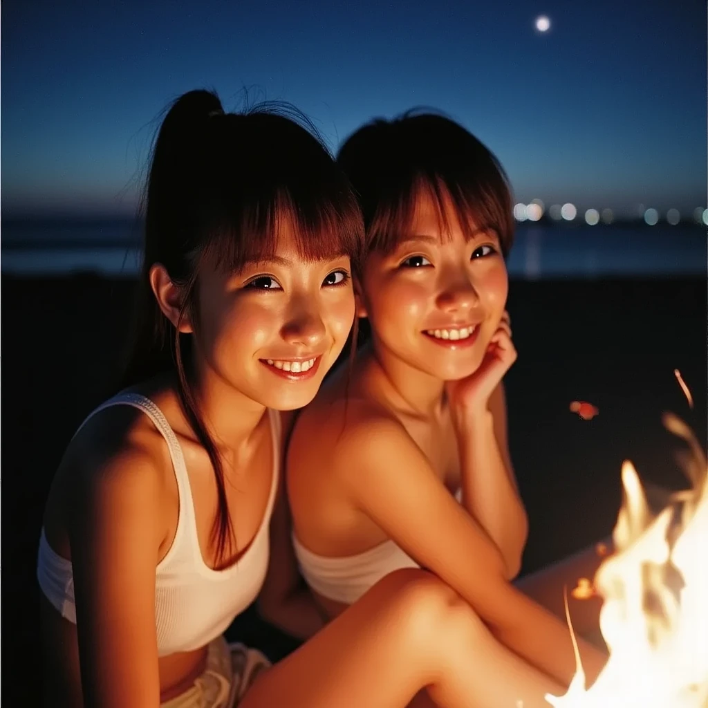 (Two girls of the same age:1.1) , couple focus,14years,night scene, Dark, Beautiful saturation amazing photo of naked on the beach, Sitting,Cute Japan idol woman, (Mature:1.3),barechested,Best Quality, a sultry, A smile,Seductive, Wet,the kiss(cleavage:1)