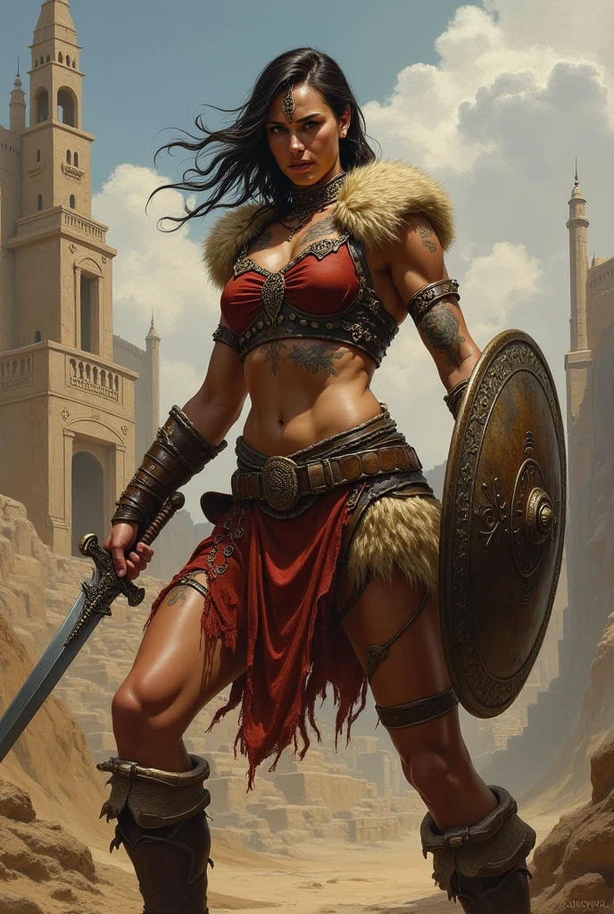 (((mulher))), (((melhor qualidade))), (((obra prima))), (((adulto))), Uma mulher gladiadora loira, of 30 years with athletic body, arabic , capuz, (((sozinho))), (((1girl))) , Gladiadores do Brooklyn, quase nua no estilo selvagem urbano de Simon Bisley para a capa da revista Heavy Metal, cabelos moicanos, pose sensual, tiny leather panties, , Minimum clothing, black and red arabesque pattern, armadura, cheio de pontas e estrelas, (((do joelho pra cima))), mohawk hair with small braids, explosion of colors, Wowdk