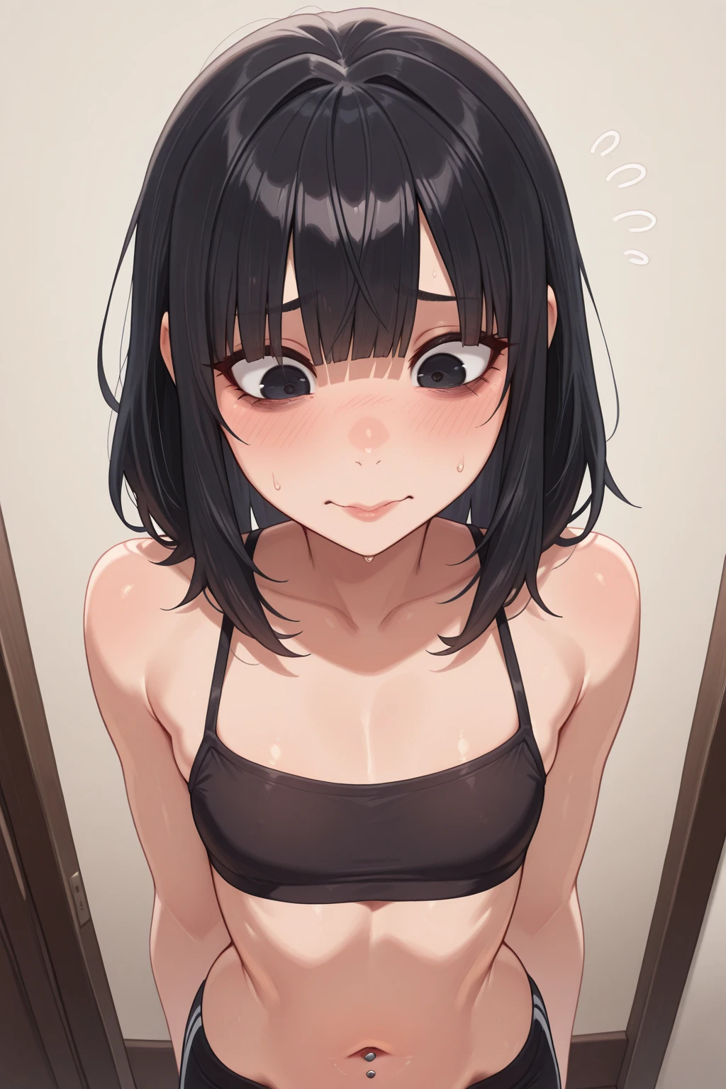 Small bra, Lower body, Japanese, Very short, Pubic hair, Beautiful breasts, Embarrassed, Shyness, Worry, Beautiful breasts, Black hair, Changing room, Changing clothes, Standing, Micro bikini, Nipples, Arms, Armpits, Hands on face