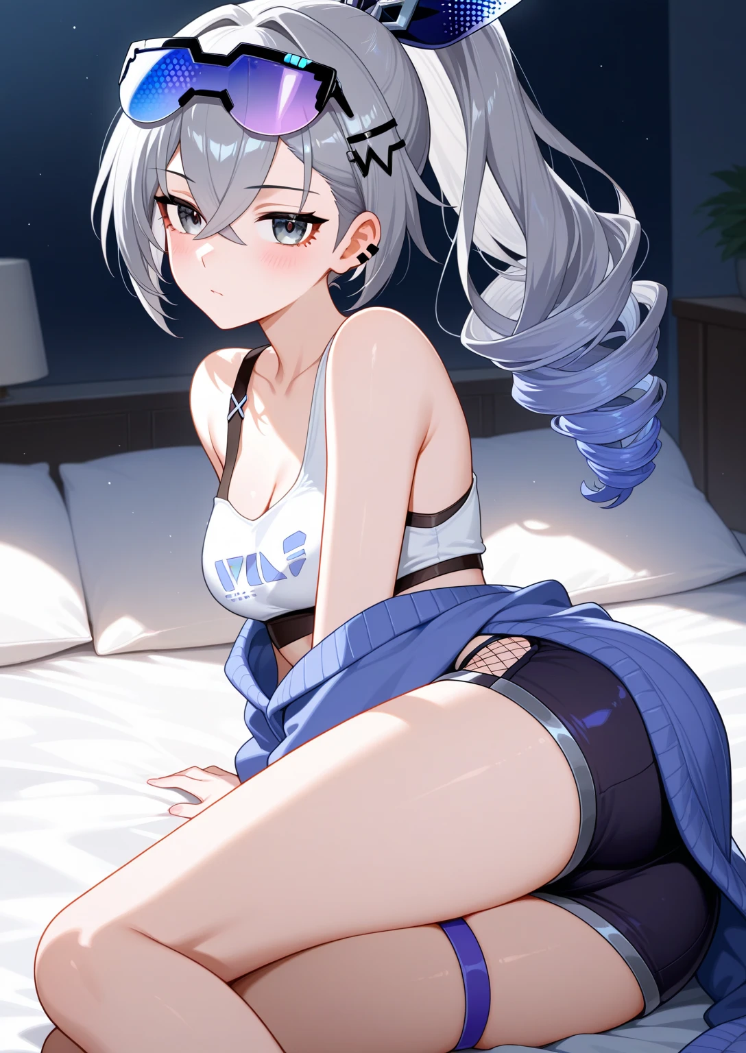 ((Kamisato Ayaka in Genshin Impact)),
Vulgar,low angle,from below,(nsfw), ((semi long beautiful silver blue hair,blunt bangs,pony tail,beautiful blue eyes)), ((Butts toward the viewer)),((tank top, beautiful medium , pink nipples)), (sweating), wet gleaming skin,(Looking back, butts focus, Lying on the bed on all fours,legs wide open),innocent smile,cinematic lighting, ((beautiful butts,white beautiful elegant skirt and panties)),garter belt,white over-kneehighs,Lace chalker, wristband, diamond necklace,wristband, white fingerless gloves, earrings,modern elegant beautiful gorgeous hotel room,night