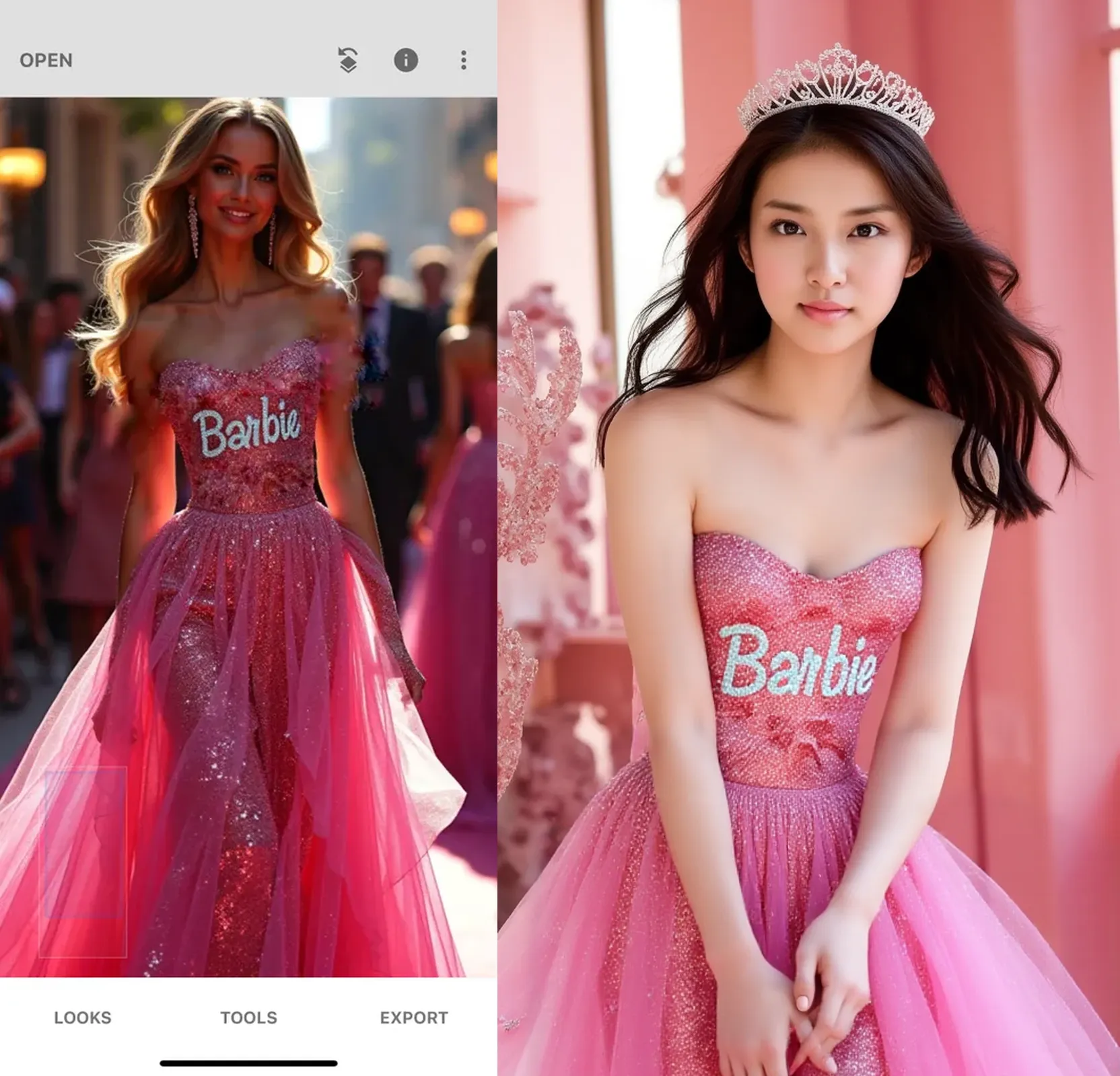 two girls standing behind her, one on each side, one with long blonde hair, dress as a princess, the other girl, long brown hair, dress in a gown, both girls in background, have a hand on the strawberry blonde shoulder, all three girls look glamious