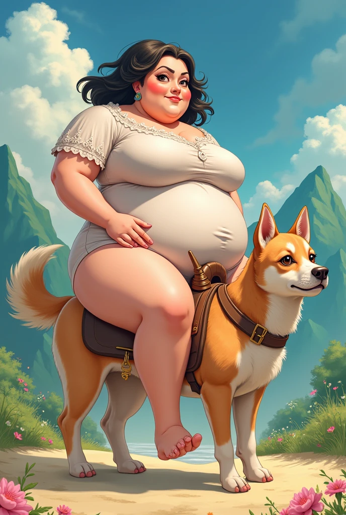 Pixar-style illustration portraying a plump women with chubby cheeks sprinting away from a grazing field in a charming village, nude, sneakers, now with a chubby dog by their side.