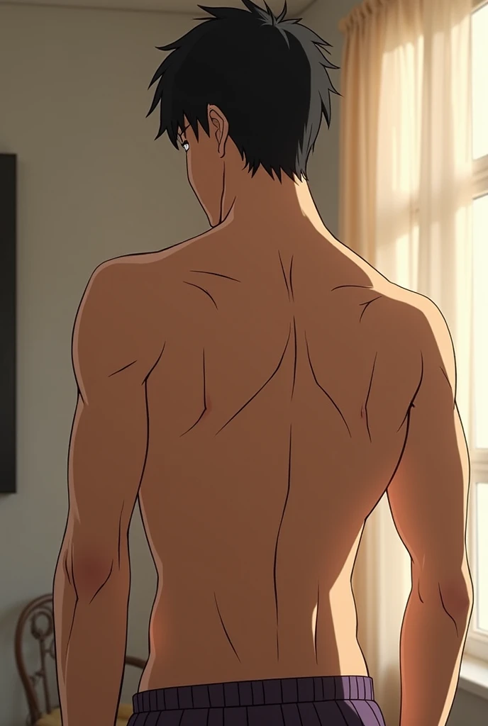 Two teenage black-haired  locker room , frontal nude showing his penis together and body hair, in the background several boys bathing in the shower naked 