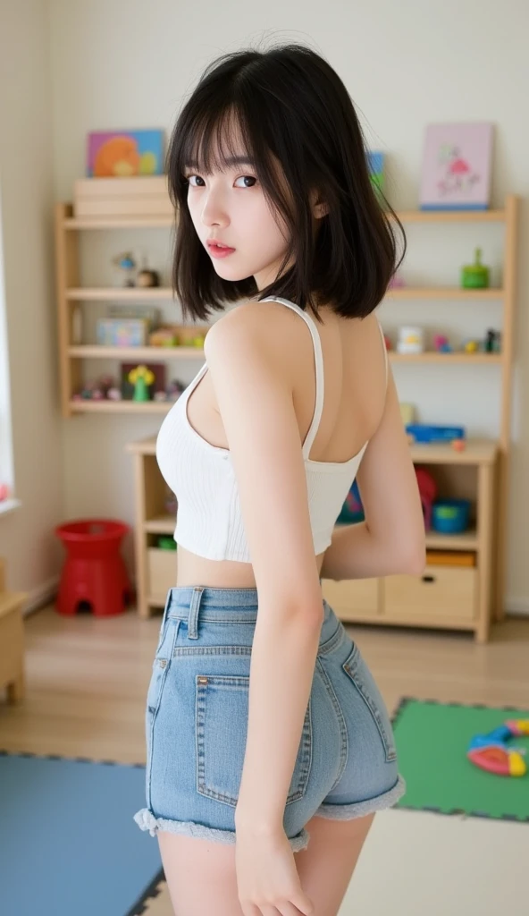 1人の女性、​masterpiece、top-quality、Professional Writing、Raw photo、extra detailed face、Highly detailed eyes、very detail hair、Very cute、Round contour、a baby face、embarassed expression、black mashed short hair、Very petite、tiny chest、Slender body、white transparent tube top、Transparent tube top、Denim tight skirt、highly detailed black pantyhose、Sitting in bed、Looking here、