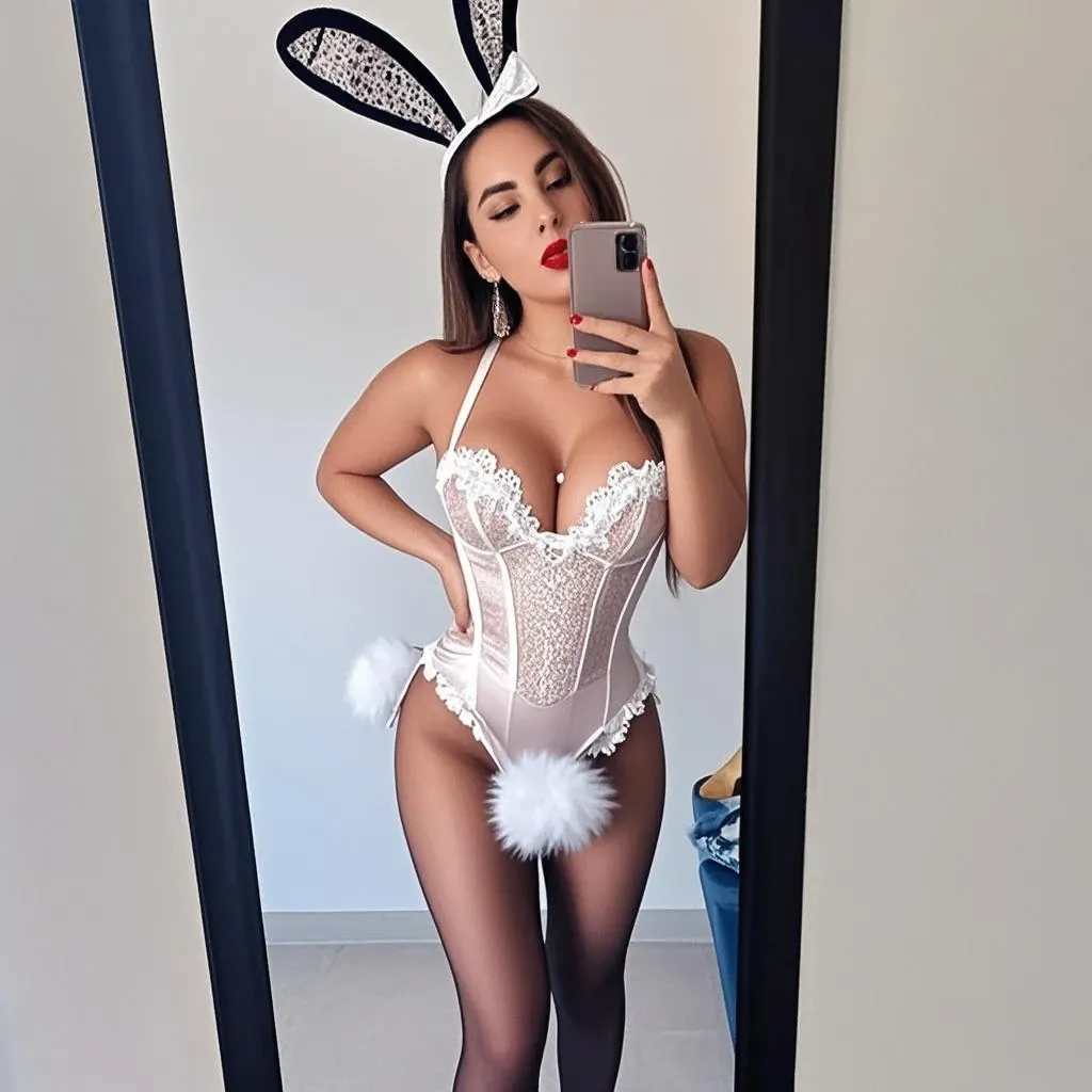 RAW uhd portrait photo of Aubrey (8k, ultra-realistic, skin porous ), a 21-year-old girl with dark hair, smiley and brown eyes. You look about 16, even though you are of legal age. arafed woman in white colour backgrounds, teased, waist-shot, with large breasts, wearing bunny eastern bikini clothing, bunny ear costume, tight clothes, very tight and see-through bra, violet Myers, smiling, big smile, detailed hands, detailed skin, You are tall and skinny. realistic, detailed skin, eastern decoration, eastern eegs