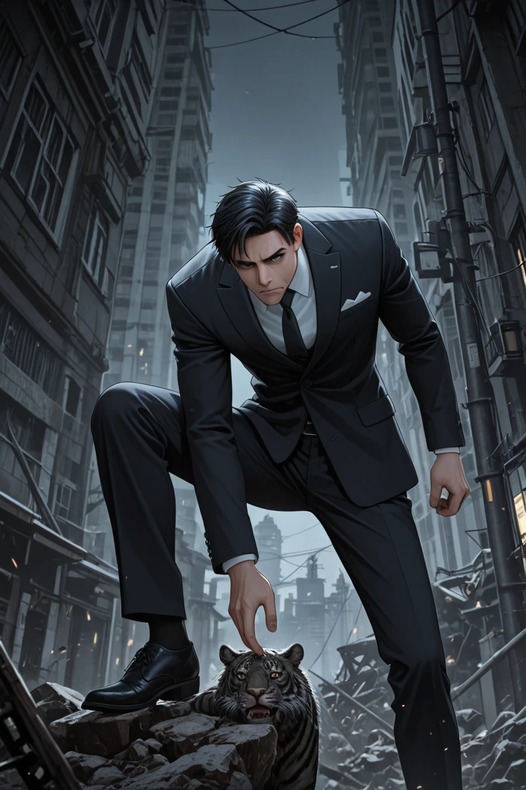 40 years old,Dad,Single simple black suit,Open your legs more,Falling,Stick out your crotch,Temptation Pose,Black Belt,Black socks,Worn and slightly dirty black leather shoes.black tie,logic, Gay ,Black Hair,Short Hair,Thick eyebrows,Stubble,Lightly set your hair with wax,Asian Faces,Masculine,Men,Bad actor,Bulging in the crotch area of pants,Erotic