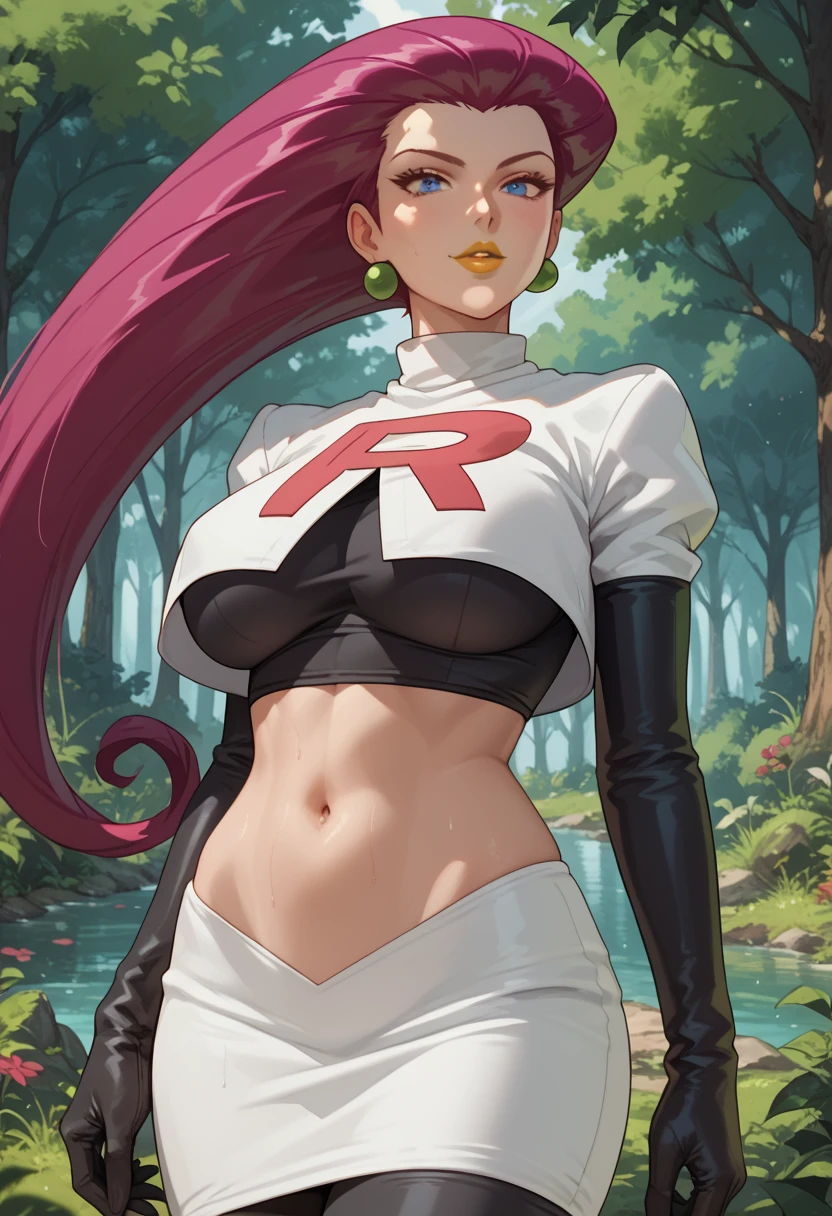 (Masterpiece), Best Quality, ultra-detailed, 1girl (jessie pokemon, Big and pretty breasts, naked body,hair slicked back, purple hair, long hair,blue eyes, half-closed eyes),evil face, smirk, parted lips, head tilt, mascara, full makeup, black eyeshadow, red lipstick, solo, nude, team rocket ,team rocket uniform ,white skirt, ultra mini skirt,underboob , navel, bare breasts, nude,elbow gloves, in the forest, standing, Sexy waist teasing,from_below 