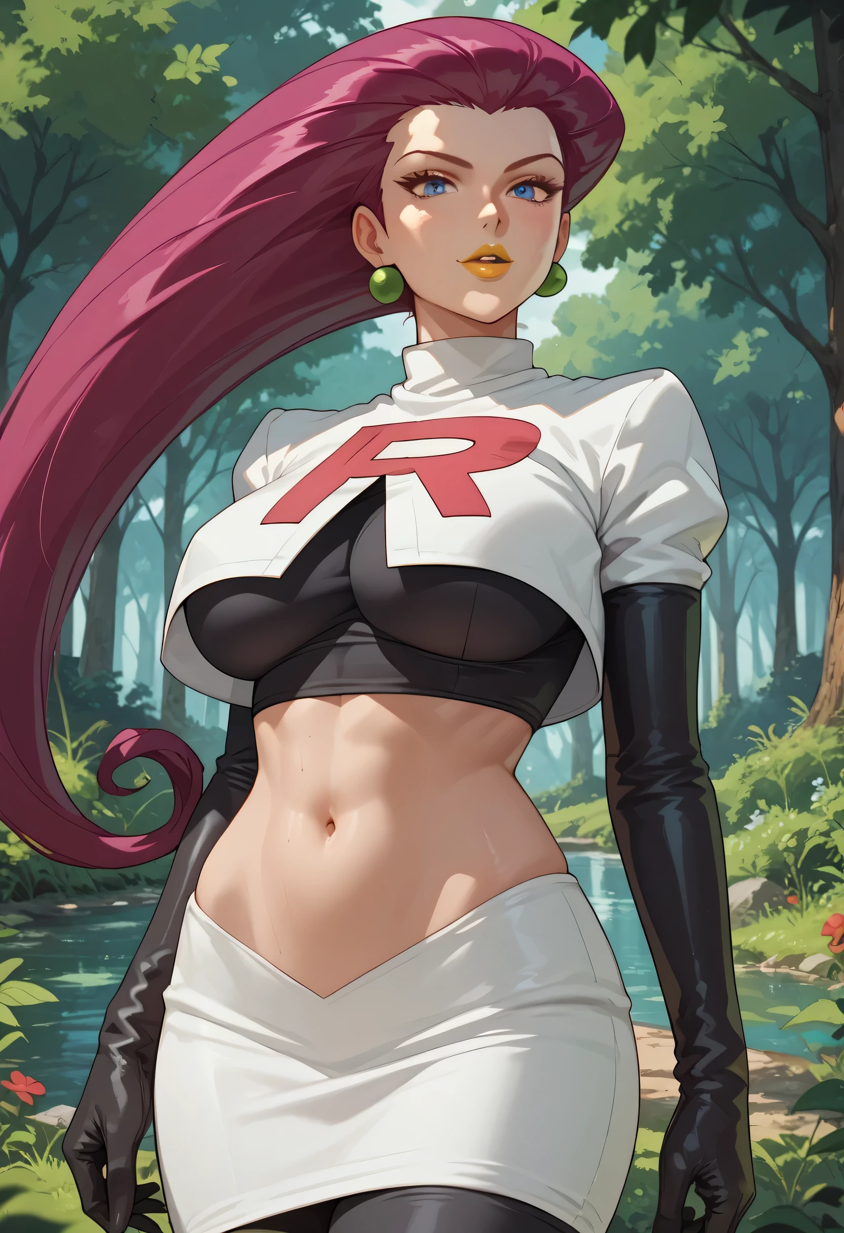 woman, big breasts, yellow lipstick, anime style, white skin, long hair, blue eyes, forest, exposed belly button, Jessie, Pokémon