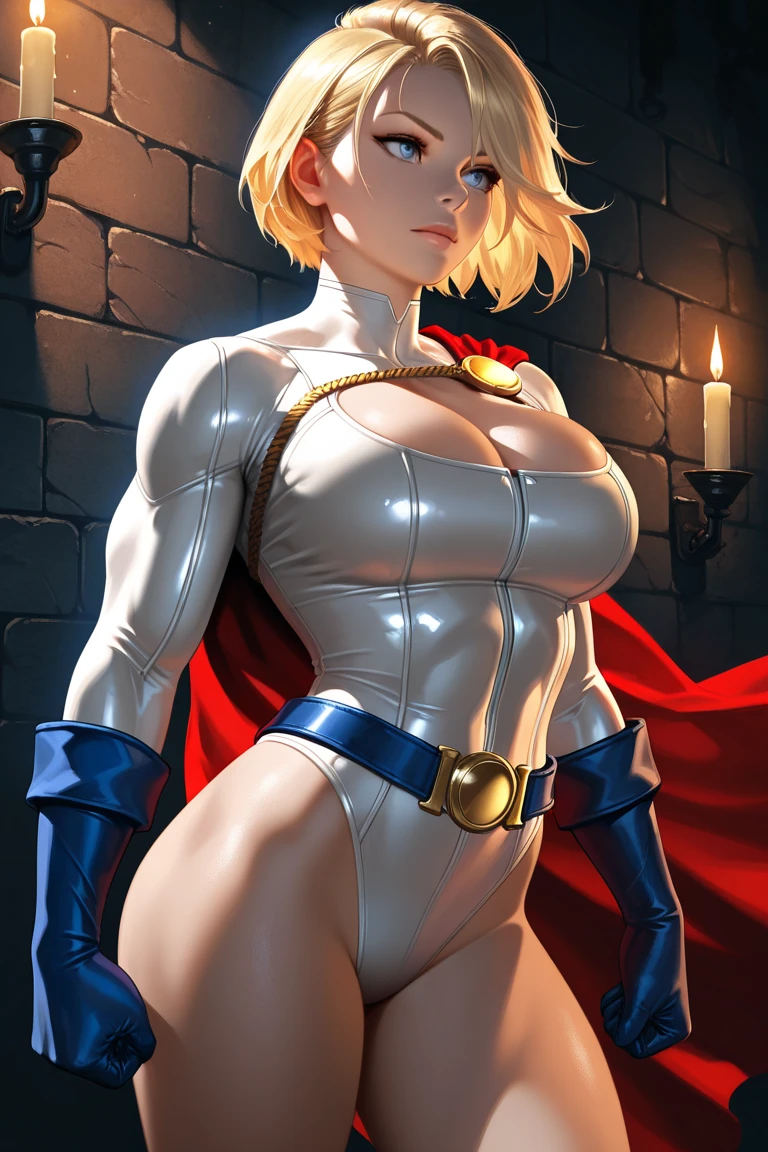 masterpiece, highest quality, Top quality, blue eyes, Stunning proportions, smile, Realistic, Beautiful female, white and dark red (((intricate bodysuit))), (((tight body))), ((mini skirt with frill)), cape, fighting pose, gold Hair, Intricate details, Big Breasts, open mouth, blush, in space at future,