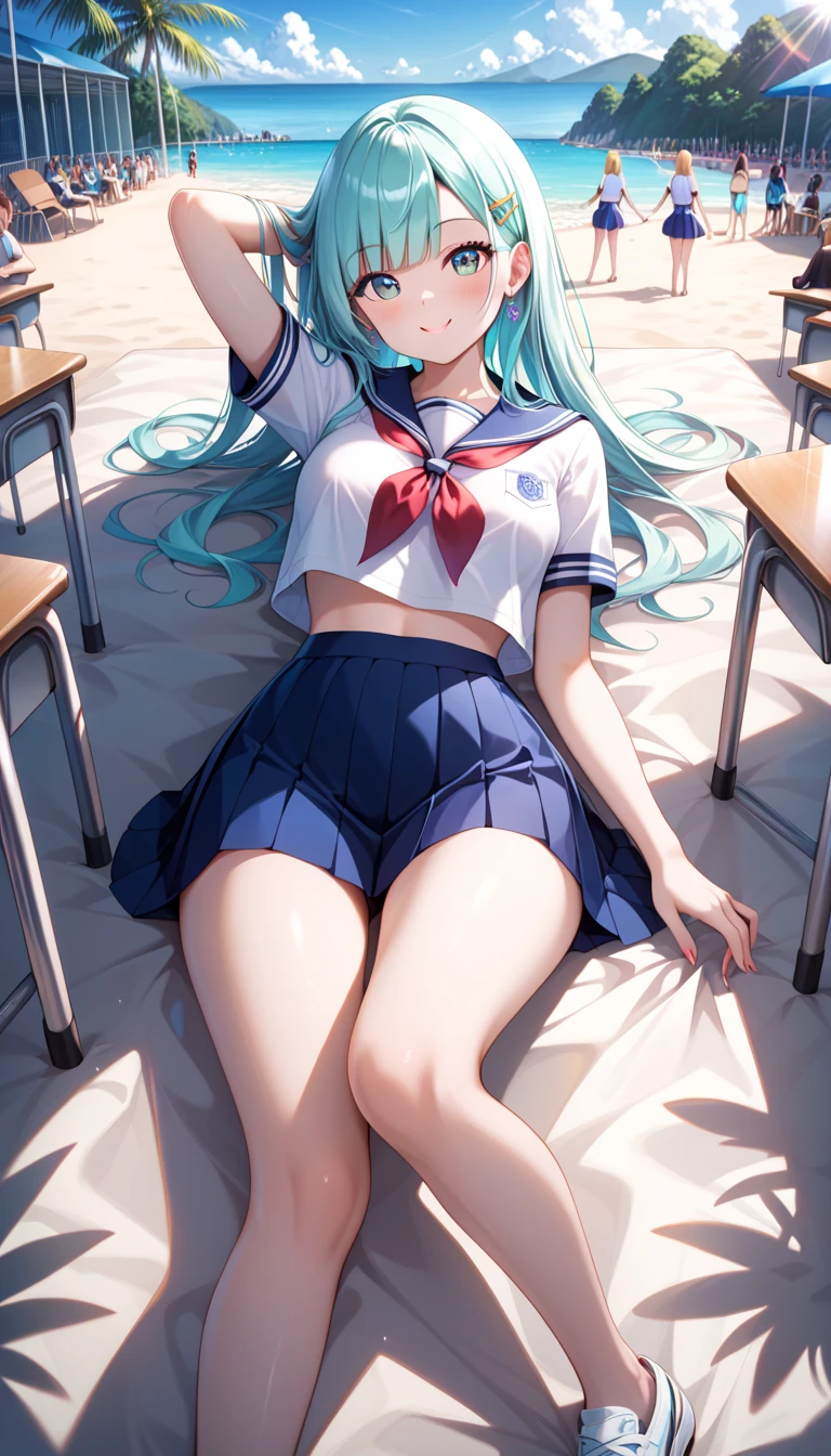 (1 Girl),(high quality), (High resolution), (Very detailed), (8K),(Demolition paperback correct)、Urusei Yatsura、Ram-chan、((White and navy blue sailor suit))、Navy blue pleated skirt、Cute Panties、((Focus on the whole body))、Nipple Shape、((Black knee-high stockings))、Hair messed up by the strong wind、Neutral White Lighting,Sexy pose、Sitting in a chair