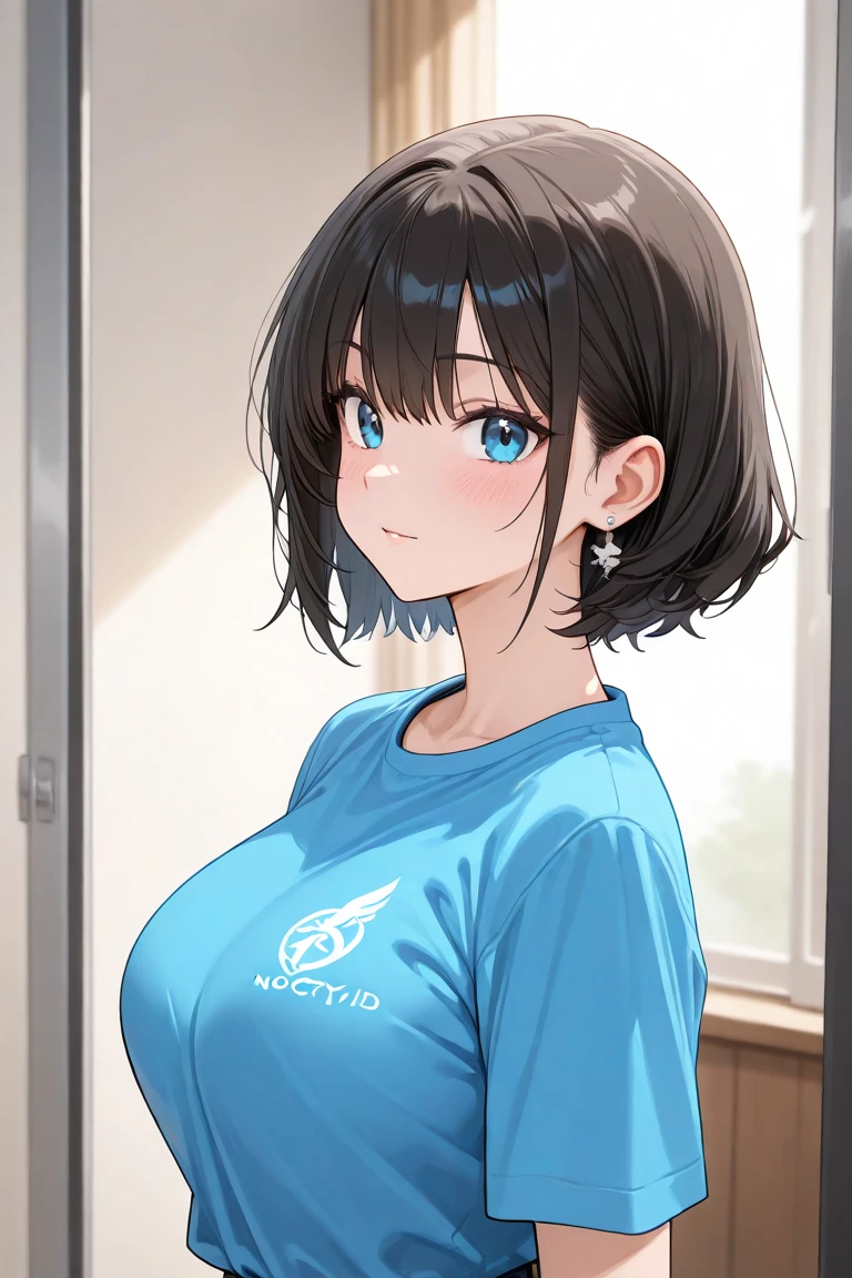 (big breasts:1.5),looking at the viewer,((masterpiece)),((highest quality)),perfect anatomy,8K UHD,highly detailed face,luster and luster,((1 girl)),((alone)),beautiful and fine eyes,perfect image,(Upper body:1.1),(look ahead:1.1),turn your arms behind your back,slim waist,shiny hair,Are standing,black hair,(dull bangs:1.1),medium hair,smile,indoors,gym,Are standing,super detailed,disorganized,