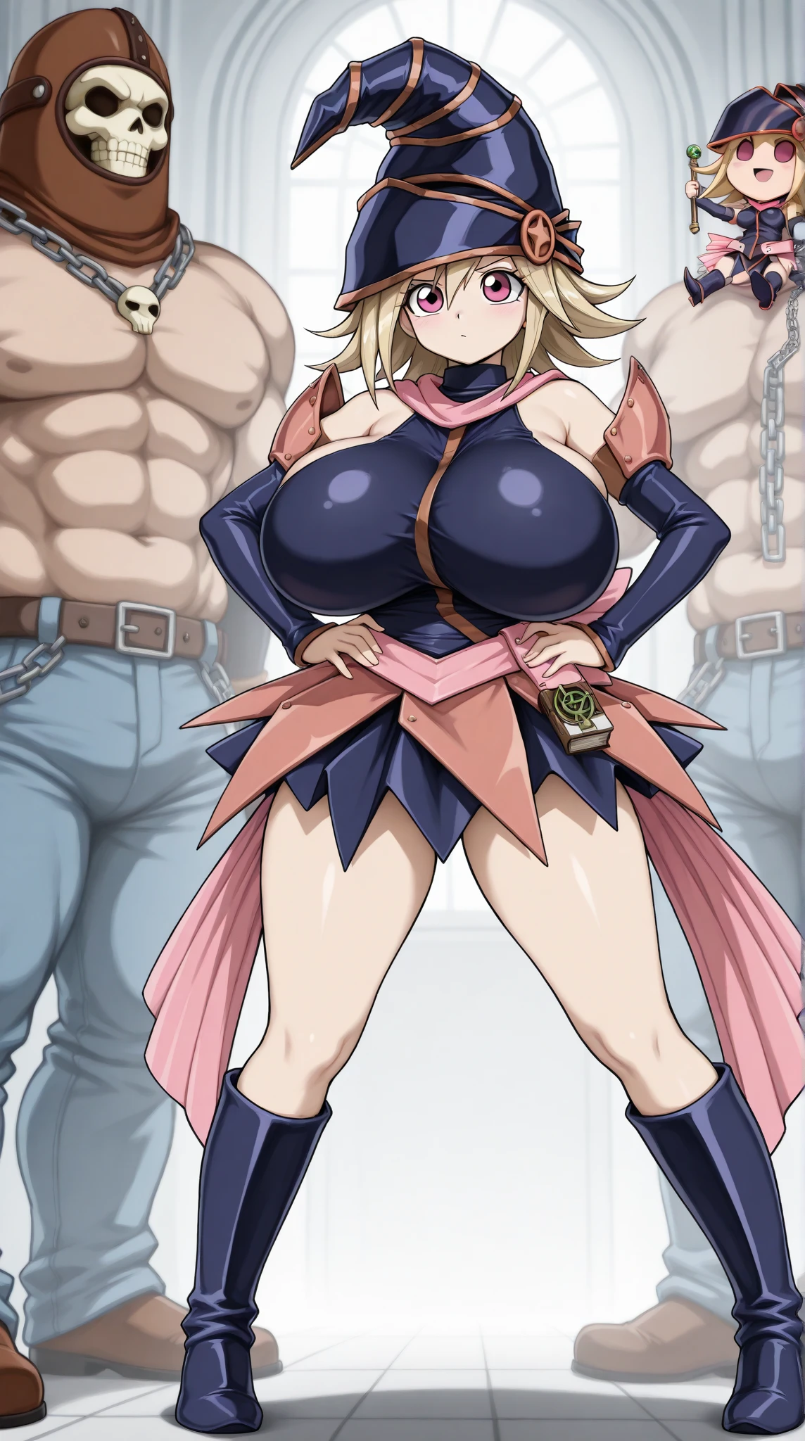 High resolution, Mai Valentine, Yu-Gi-Oh, 1girl, ((bimbo))), long blond hair, purple eyes, puffy lips, thick lips, wide hips, thick thighs, huge ass, enormous huge natural breasts mature woman, erotic face, shiny skin, purple jacket, white bra, skirt, panties, high heels, full body, revealing cleavage, luxury boat,