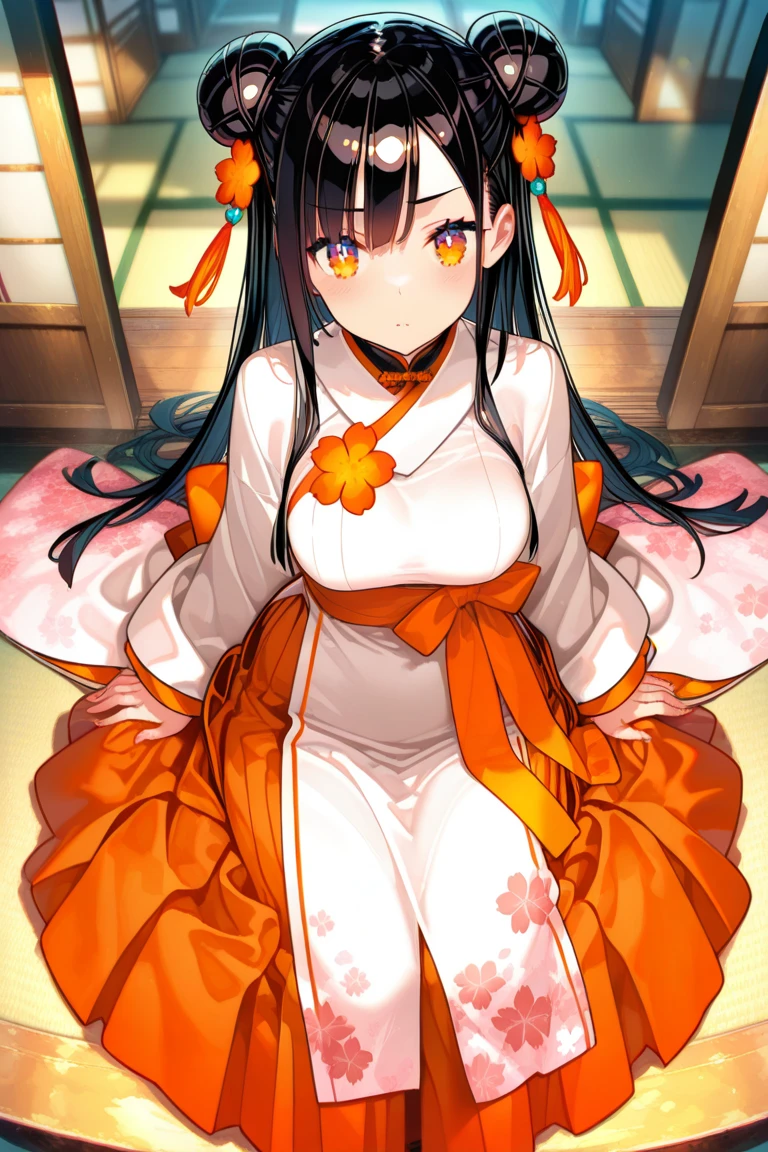 (best quality, masterpiece, highres),1girl,solo,cleavage,closed mouth,looking at viewer,<lora:tangStyle26:0.65>,hanfu,tang style outfits,upper shan,yellow chest pleated skirt,waistband,