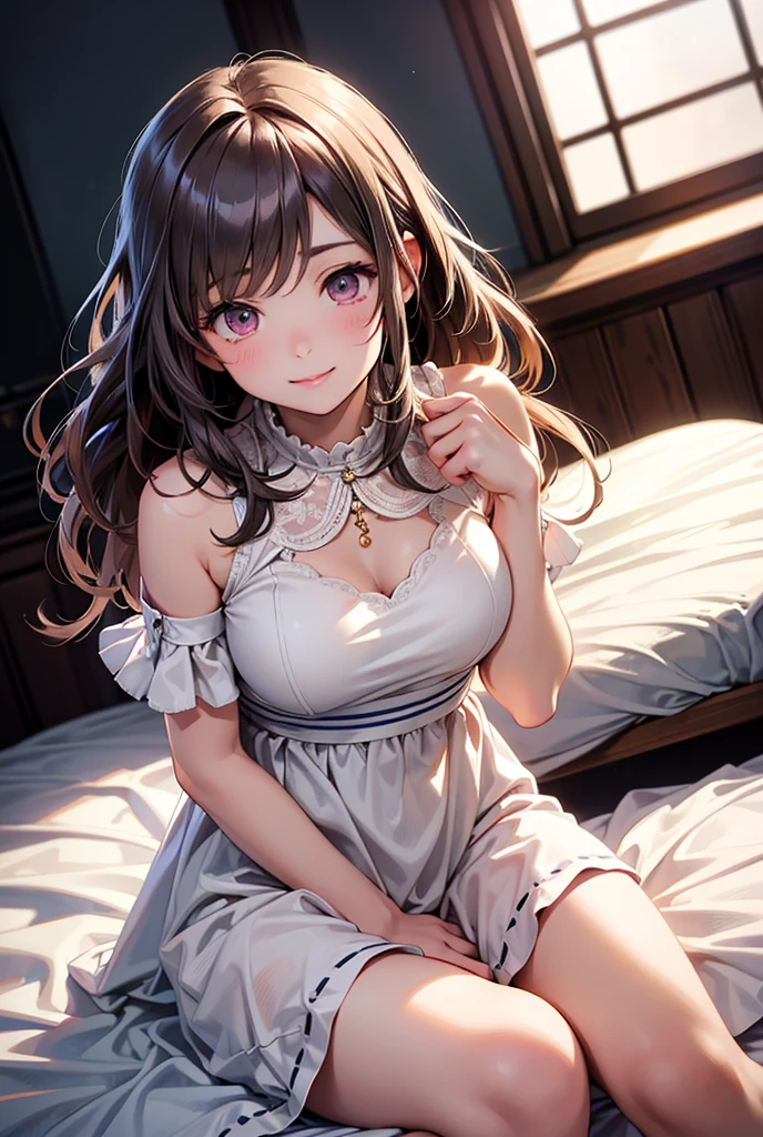 A beautiful girl in a blue dress sitting on a bed with rose petals, anime girl,masterpiece, longing, closeup cleavage, Big eyes, KawaTech, kawaii, Cute, Pastel colors, Best Quality, cheerfulness, Deep background, Symmetrical, Head Tilted, 1girl in, lightsmile, Shiny skin, Best Quality, masterpiece, (Game CG:1.4), NSFW, Detailed beautiful face and eyes, bottom shot, turned around, hight resolution, (high detailed face), ((((1girl in)))), ((( Solo ))), delicate and pretty, Perfect face, Beautiful detailed eyes, ((Smile)), earrings, smile, blush, pupils sparkling, Fair skin, Real Human Skin, ((((20 years old )))), (big round breasts)), Baby face, dark brown hair, pink gradient bangs, long bangs, long hair, (((Ponytail))), wavy hair, swept bangs, shiny hair, hairclip, ribbon, hair flower, gymnastic suit, masterpiece, super fine illustration, best quality, light particles, ultra-detailed, 8K wallpaper, (bright colors:1.2), solo, ((a little girl)), big breasts, (brown hair), shiny skin, (wearing pale blue and white horizontal striped dress, short sleeve), (frilled miniskirt), (white legwear), ((horizontal striped panty)), (beautiful green eyes, shiny eyes, big eyes), affectionate smile, seductive smile, closed mouth, shadowblush cheeks, (naughty room),, panorama, Wide-Angle, f/1.8, 85mm, Nikon, 8k, super detail, UHD, retina, masterpiece, accurate, anatomically correct, textured skin, high details, best quality, highres, pink bed), (pink pillows), (pink curtain), looking back, get d16(own all fours, nsfw, sunlight, high detail, anime, anime style, cinematic lighting, dithering, image fill, framed, pov, perspectivek