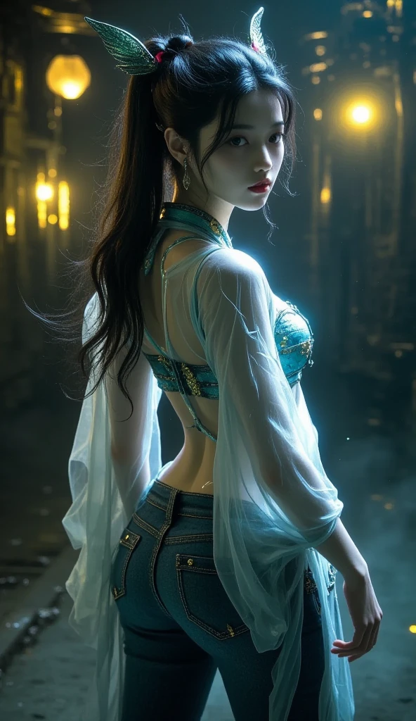 tmasterpiece, beste-Qualit, Top view, Posing, The Loveliest Brazil 1Girl 25 Years Old, (photo-realistic: 1.4), Huge yellow eyes, (Half-body shot:1.3), ((Blue long hair)), leaned forward, curved body, ((Body Half Sideways)), looks at the viewer, Average Breasts, suntanned skin, a necklace, Short Hair Hair, (orange sheer jacket for nude body:1.2), official arts, Unity 8k壁纸, Ultra-detailed, Beautiful and aesthetically pleasing, tmasterpiece, (Imitation of oil smears:1.3), Elegant, bright colours, romanticism, Depth of field, ((cinematic)),