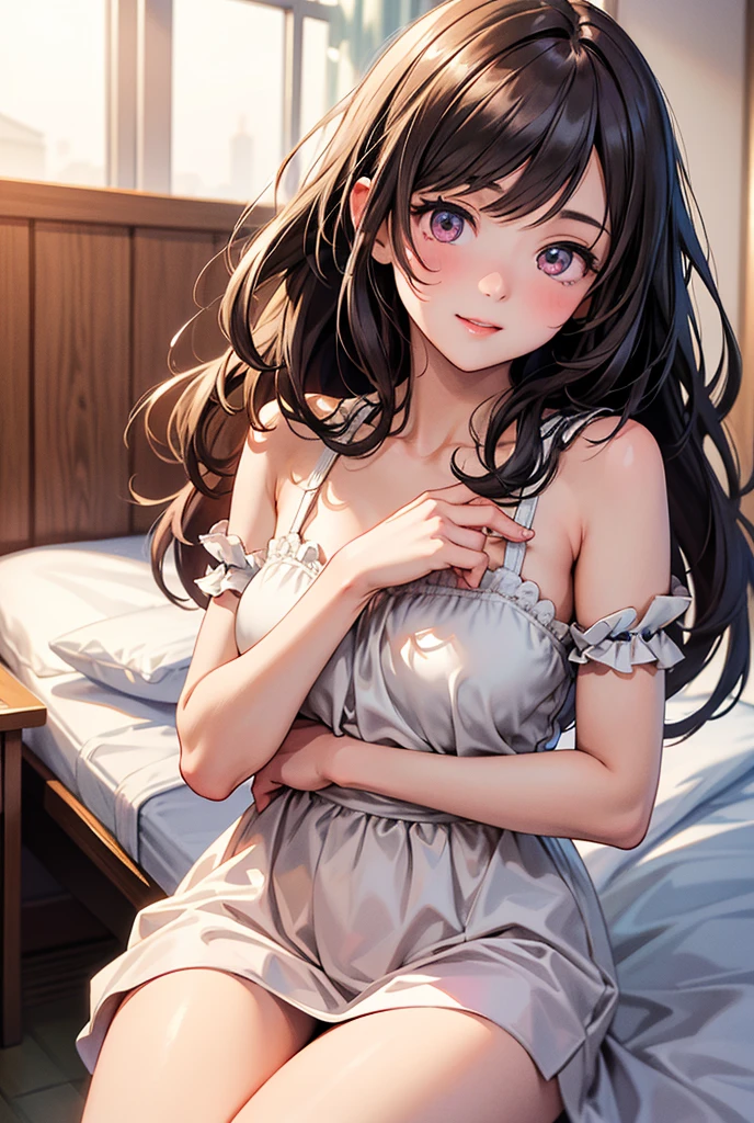top-quality、lighting like a movie、1girl in、Lie on the bed and open your legs、Wearing a frilly cami dress、A smile、Medium chest、Chest exposure、Reach this side、