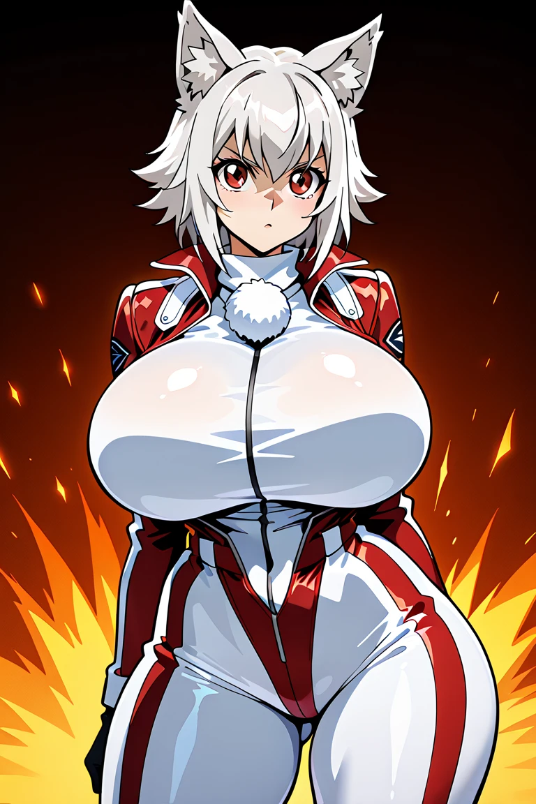 bangs big breasts bubble butt bunny ears bunny bunny tail curvy white hair red eyes dynamic pose explanation full body high heels hourglass figure huge breasts maebari nipples reverse bunny suit short hair standing thick thighs wide hips