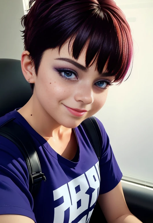 YumiYoshimura, short purple hair, makeup, purple eyes, spiked collar,purple shirt, skull design, looking at viewer, smiling, close up, cityscape, night time, bokeh, high quality, masterpiece, <lora:YumiYoshimura:.6>