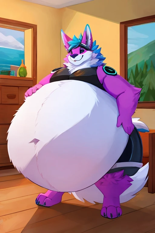 Arctic wolf, female, long hair, morbidly obese,chubby cheeks, double chin ,huge belly