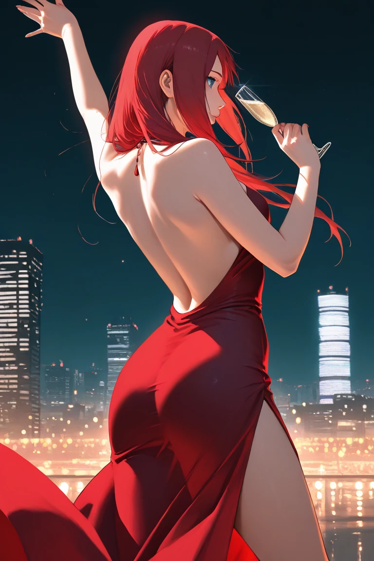 (work of art), (masterpiece), (best quality), a red headed girl, (blue eyes), wearing bikini 2pc, big , showing beautiful backside, backside, brightly lit night city background, red bow, butterflies in golden circle, flowing hair , but g , full figure head to toes , standing beside poles , red high heels, glass Red heels, full figure pic ,