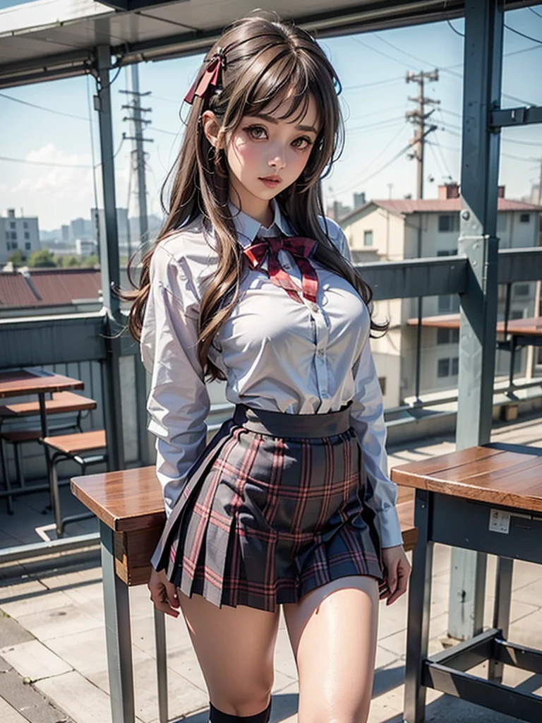 (masterpiece:1.3, Highest quality, Ultra-high resolution, Super detailed), (Realistic, photoRealistic:1.4), Perfect lighting, Natural light, colorful, Depth of written boundary, Browsing Caution, Surrealism, Front view,Beautiful detailed hair, Beautifully detailed face, Beautiful fine details, Beautiful valley,Beautiful clavicle, Beautiful body, thin脚,Beautiful feet, Beautiful breasts,Beautiful Hands, thin, ((1 girl)), Nipple hardening ,Perfect Face, Long eyelashes,Perfect Anatomy, Supermodel with a long neck,((Skinny1.2)),((Jump:1.4)), ((from side:1.2)), looking at the camera,(Perfect Anatomy,Highly detailed skin), Shiny skin,((beautiful girl:1.1)),(( large breasts:1.3)), ((Cute smile:1.３)),(Mid-length hair:1.4, Wavy Hair:1.2, Black Hair) ,hair over one eye, Dainty facial structure,photo shoot, Sharp focus, Face Light,((school uniform, red skirt in plaid skirt)),((school uniform, short sleeve shirt:1.2)), ((school uniform, tie)), Red hair ribbon, morning,Tokyo, filled with people crossing the streets. Tall buildings with colorful billboards and advertisements surround the intersection. Bright and lively atmosphere, clear skies, and a sense of movement and energy in the scene,wide angle
