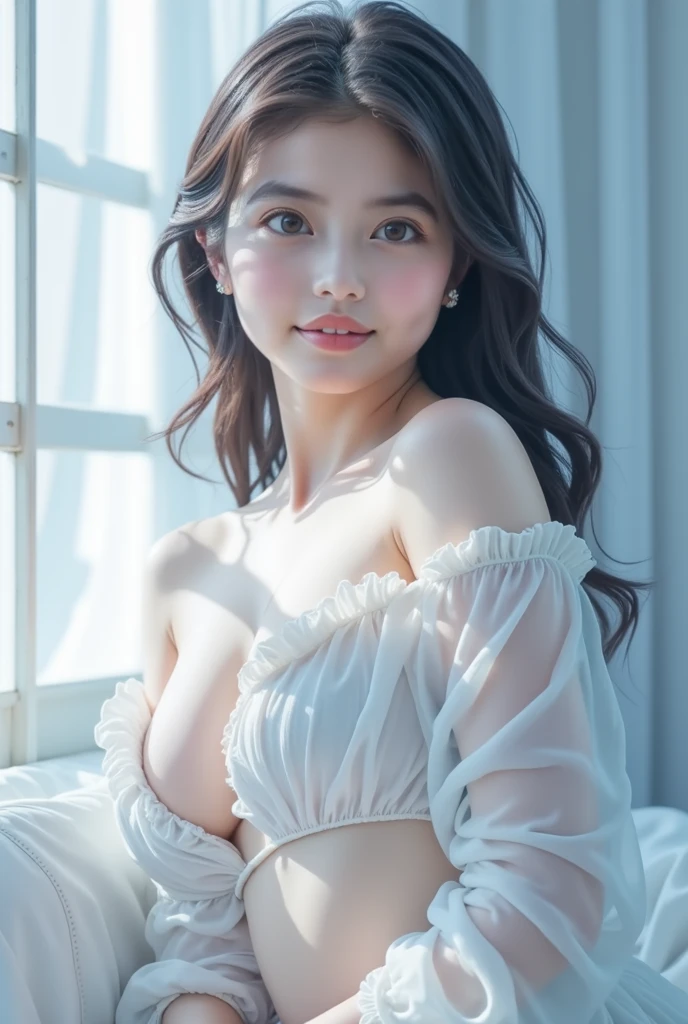 (A beautyful girl,young female model,Sweet girly outfit,Off-the-shoulder dress,jewely, (The white, Pink),posing in bed, Random shooting angle, posing elegantly,Deleite para la vista, tmasterpiece, Best quality at best, Extremely detailed description, Ultra-fine painting, delicated face, slim toned body, ssmile, Hefty Smile)