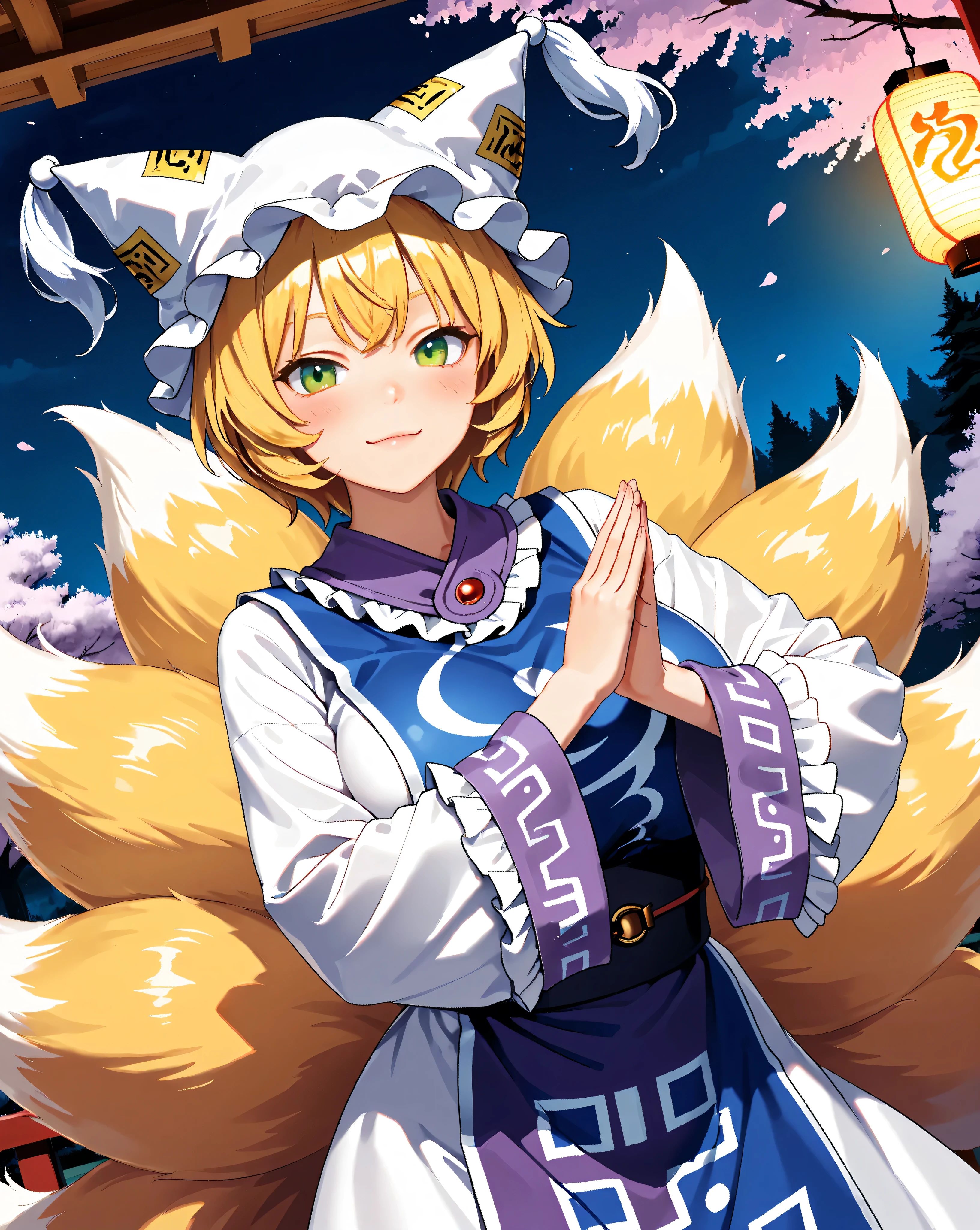 Quality: Score_9, masterpiece, ultra-detailed, ultra-quality, super-resolution, detailed-background,
Art style:(2.5D):1.5, (realistic lighting):1.3, (realistic texture):1.2, cinematic lighting, volumetric lighting, dramatic angle, vibrant pastel color palette, pastel style, rim lighting,digital painting,(3D render):1.0, (octane render):1.0, (physically based rendering):1.0, 
Subject: (yakumo ran, touhou):1.5, 1girl, upper body, blush, (gentle smile):1.2, playful expression, green eyes,(looking at viewer):1.2, vivid eyes like being sucked in, delicate and moisturized lips, (blonde hair):1.3, (short hair):1.1,silky smooth texture, flowing like it flutters in the wind, natural shading and highlights, (fox ears), (nine fox tails), Natural and graceful hand pose, hand based on realistic human body structure, Transparent fingertips like being sucked in, Clearly defined joints, Detailed expression of the fingers:1.2, detailed-skin-texture, 
(standing pose):1.2, (hands clasped in front):1.3, (arms crossed in front):1.2,(expansive fox tails):1.4, (prominent tails):1.3, (stable posture):1.0, (slightly leaning forward):0.8,
Clothing:  (yakumo ran's outfit):1.5, (white and purple traditional clothing):1.4, (long flowing sleeves):1.3, (decorative collar):1.2, (obi):1.1, (white dress):1.0, (purple apron dress):1.0, (hat with paper talismans):1.5, (gohei in hand):1.2, (traditional japanese clothing):1.1,
Background: (traditional Japanese garden):1.2, (shrine):1.1, (forest):1.0, (cherry blossoms):0.8, (night sky),:0.7 (glowing lanterns):0.8, (moonlight), (fantasy setting):0.7,