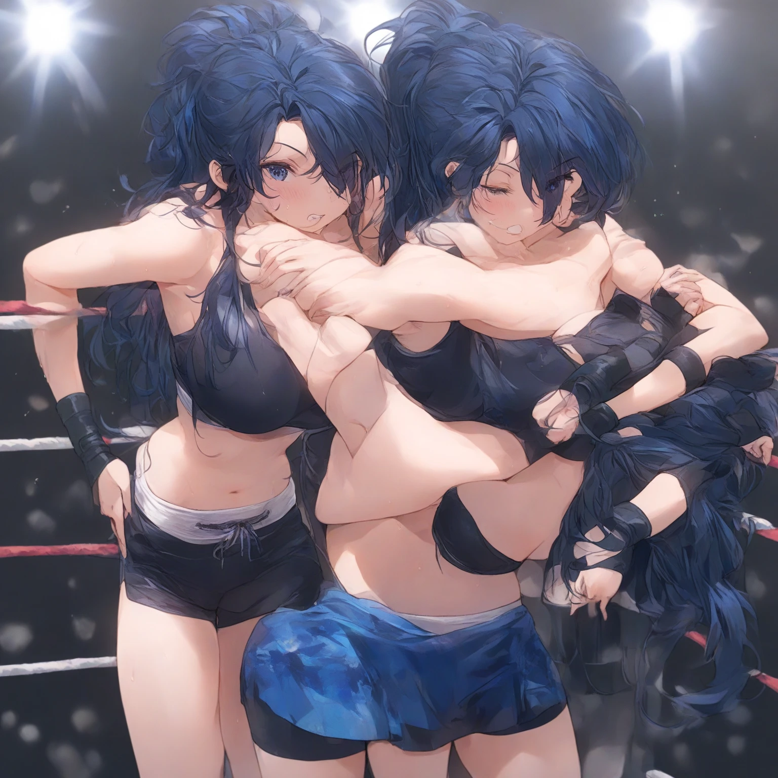 masterpiece),(ultra-detailed), (high quality), (high resolution), (best quality:1.5, highres, UHD), highres, absurdo, ultra detail, ultra quality, Ultra resolution, 16k, ((2heads:1.5)), 1girl, ((anime girl with two heads)), ((dark brown hair)) ((black hair)), ((female wrestler)), ((blue crop top)), exposed midriff, ((blue hot pants)), wrestling ring, wrestling, ((blue outfit)), sexy wrestler, (blue eyes), villainess, smirk