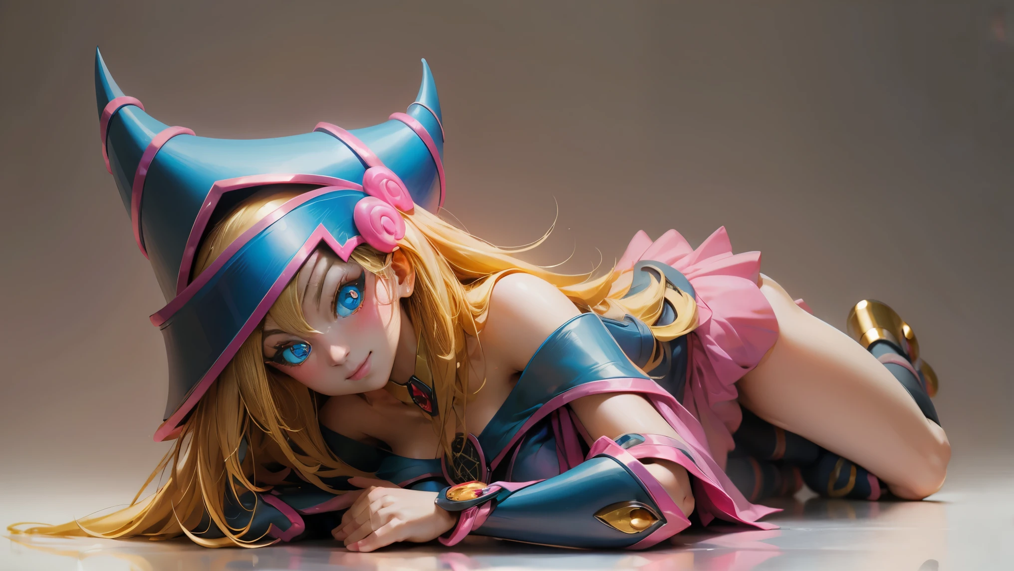 (Masterpiece:1.2), (The best quality:1.2), Perfect lighting, Dark Magician Girl casting a spell, floating in the air, big tits, neckline, magic background. Transparent hearts in the air, blue robe, big hat, From above, sparkles, Yugioh Card in the background. In heels and a bikini