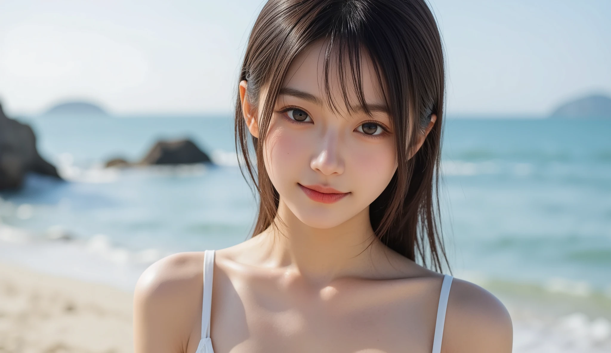 Beach,resort,white bikini,Close up face,One woman,masutepiece, The highest image quality, High quality, the background is clear,Beautiful woman, Japanese, Detailed, Detailed eyes, Detailed skin, Beautiful skin, 超hight resolution, (reality: 1.4),Very beautiful woman, Slightly younger face, Beautiful skin, slender, (Ultra photo realsisim), (hight resolution), (8K), (Very detailed) (beautifully detailed eyes), (super detailed), (Detailed face), view the viewer, Fine details, Detailed face, Staring straight ahead, Staring straight ahead, photos realistic, Bright lighting, Professional Lighting, Black hair,poneyTail,a baby face,fifteen years old,Hairstyle: ponytail,Long ponytail hairstyle,slight smile,neat and tidy clothing,Beautiful Japanese KPOP idol photo, hair style is ponytail, my eyes are double and wide, baby face, smile and look straight ahead, slender, small breasts,Close up face,