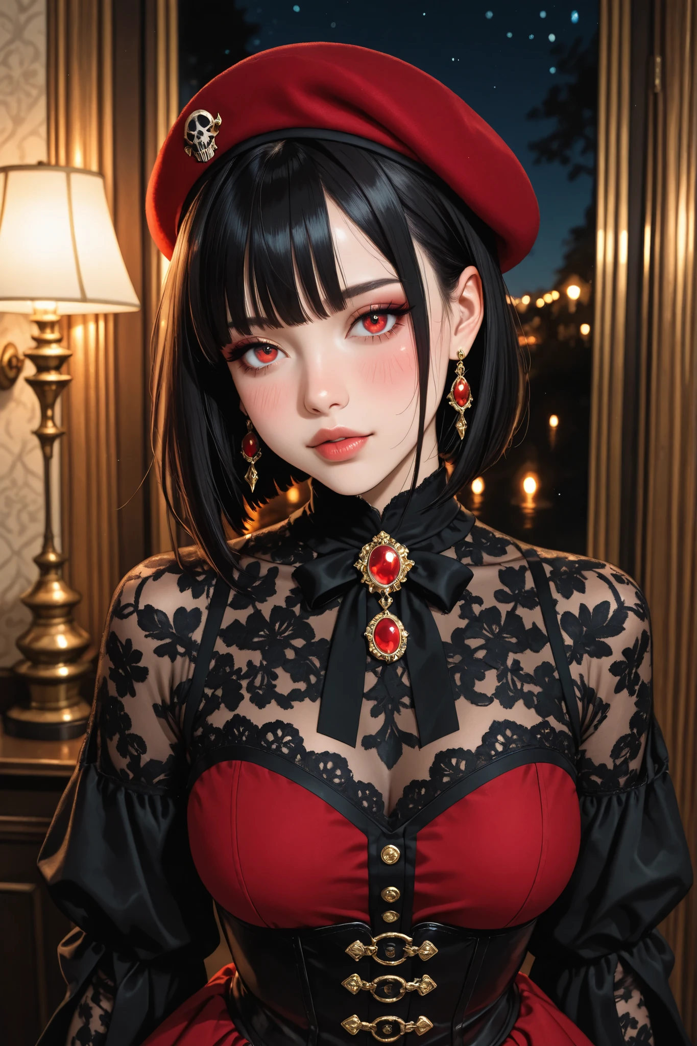 1 girl, light skin, with black hair styled in a voluminous bob, wearing a red beret adorned with a white and red bat-shaped brooch.  Detailed lace detailing and rich, gold jewelry accent a form-fitting black corset-style dress.   The outfit displays a high neckline and intricate embellishments on the bodice, including decorative buttons with skull-like designs.   Large red gemstone earrings, accented with gold, frame expressive, wide-set, vibrant red eyes.  Soft, rosy blush highlights her cheeks, and full lips are painted a deep crimson red.  Her expression is serene, almost pensive, with a slight downward turn of the lips.  The pose is a three-quarter view, showcasing a slight turn of the head and a gentle tilt of the shoulders, conveying a sense of repose.  The background subtly depicts a gothic garden at night, with softly lit lamps and fairy lights contributing to a romantic, nighttime atmosphere.  Detailed lighting accentuates the character's features, creating a dramatic ambiance.   The style is anime with painterly textures and meticulous detail, with a focus on realistic skin tones, hair, and jewelry.  The artistic style is refined and captures the essence of fantasy art.  The composition is centered, with a slightly high camera angle, showcasing the character's intricate outfit.  The colors are rich and saturated, employing deep blacks, vibrant reds and white, and warm pinks, producing a visual harmony., masterpiece, best quality,absurdres 
