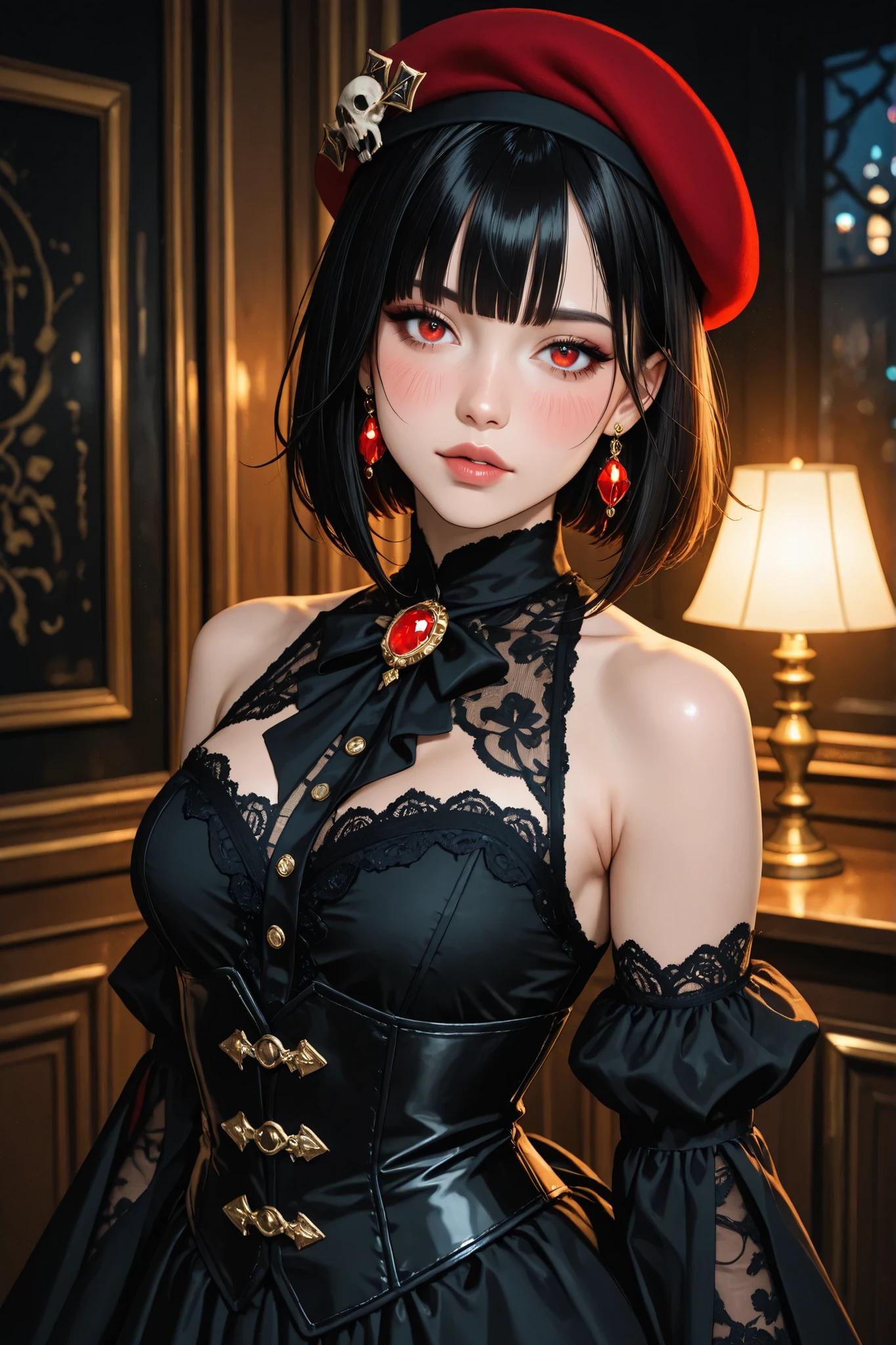 1 girl, light skin, with black hair styled in a voluminous bob, wearing a red beret adorned with a white and red bat-shaped brooch.  Detailed lace detailing and rich, gold jewelry accent a form-fitting black corset-style dress.   The outfit displays a high neckline and intricate embellishments on the bodice, including decorative buttons with skull-like designs.   Large red gemstone earrings, accented with gold, frame expressive, wide-set, vibrant red eyes.  Soft, rosy blush highlights her cheeks, and full lips are painted a deep crimson red.  Her expression is serene, almost pensive, with a slight downward turn of the lips.  The pose is a three-quarter view, showcasing a slight turn of the head and a gentle tilt of the shoulders, conveying a sense of repose.  The background subtly depicts a gothic garden at night, with softly lit lamps and fairy lights contributing to a romantic, nighttime atmosphere.  Detailed lighting accentuates the character's features, creating a dramatic ambiance.   The style is anime with painterly textures and meticulous detail, with a focus on realistic skin tones, hair, and jewelry.  The artistic style is refined and captures the essence of fantasy art.  The composition is centered, with a slightly high camera angle, showcasing the character's intricate outfit.  The colors are rich and saturated, employing deep blacks, vibrant reds and white, and warm pinks, producing a visual harmony., masterpiece, best quality,absurdres 