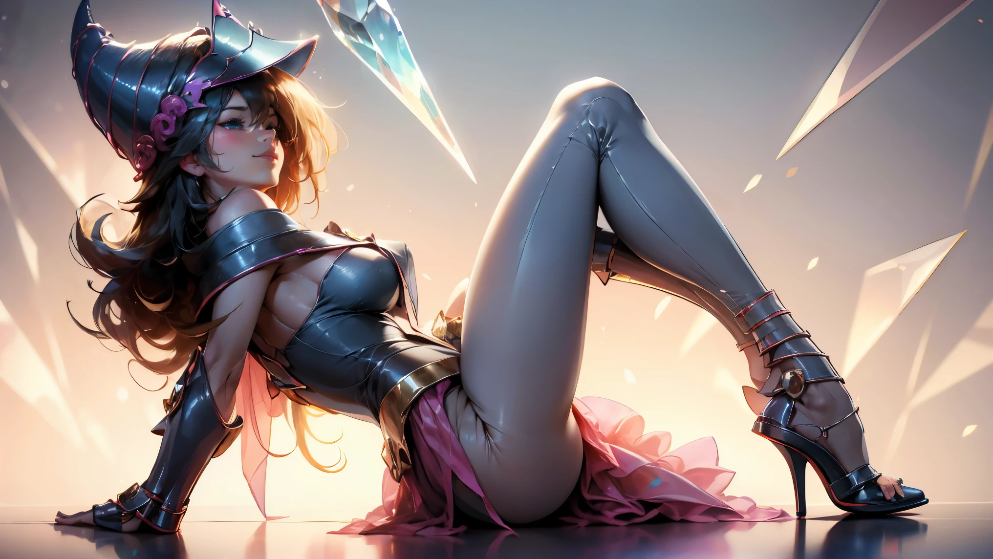 (Obra maestra:1.2), (La mejor calidad:1.2), perfect lighting, Chica Maga Oscura lanzando un hechizo, flotando en el aire, escote, fondo de magia. Corazones transparente en el ambiente, sombrero grande, desde arriba, Destellos, Yugioh Card en el fondo. Pose sexy y sensual