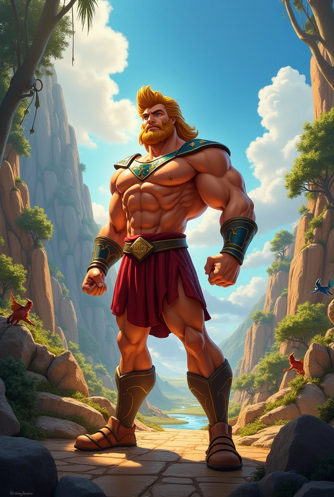  (muscular man) (with luke skywalker face), long, loose blonde hair, strength and determination, muscular, warrior armor and weapons, in the background, majestic mountains and lush forests, soft sunlight casting a magical glow, ancient ruins and mysterious runes, heroic pose, 