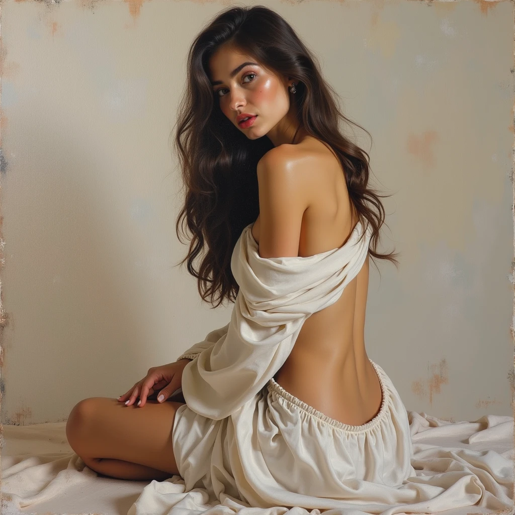 Mexican Woman Long Hair donned in micro lingerie receives a 60's inspired back massage, oversized eyes as a central feature, acrylic painting technique merging the visual flair of Makoto Shinkai, Jamie Wyeth, James Gilleard, Edward Hopper, and Seurat's pointillism. This suggests youthful elegance akin to a young adult, in a playful yet refined setting reminiscent of Tumblr photojournalism.