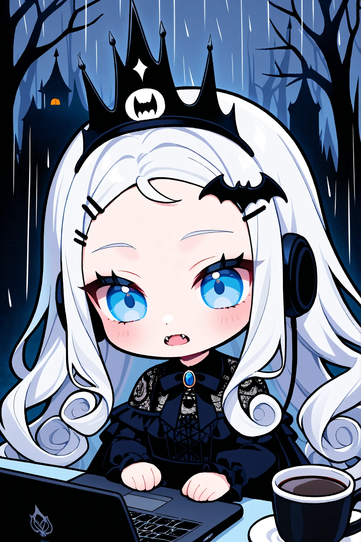 beautiful vampire goth girl, chibi, gothic cafe, bat barrett's hair clips, crown, headphones, rain, white hair,Long Hair, fangs, High Resolution, High Details, blue eyes, curly hair, coffee, gothic lace top, dark laptop, dark forest in the background