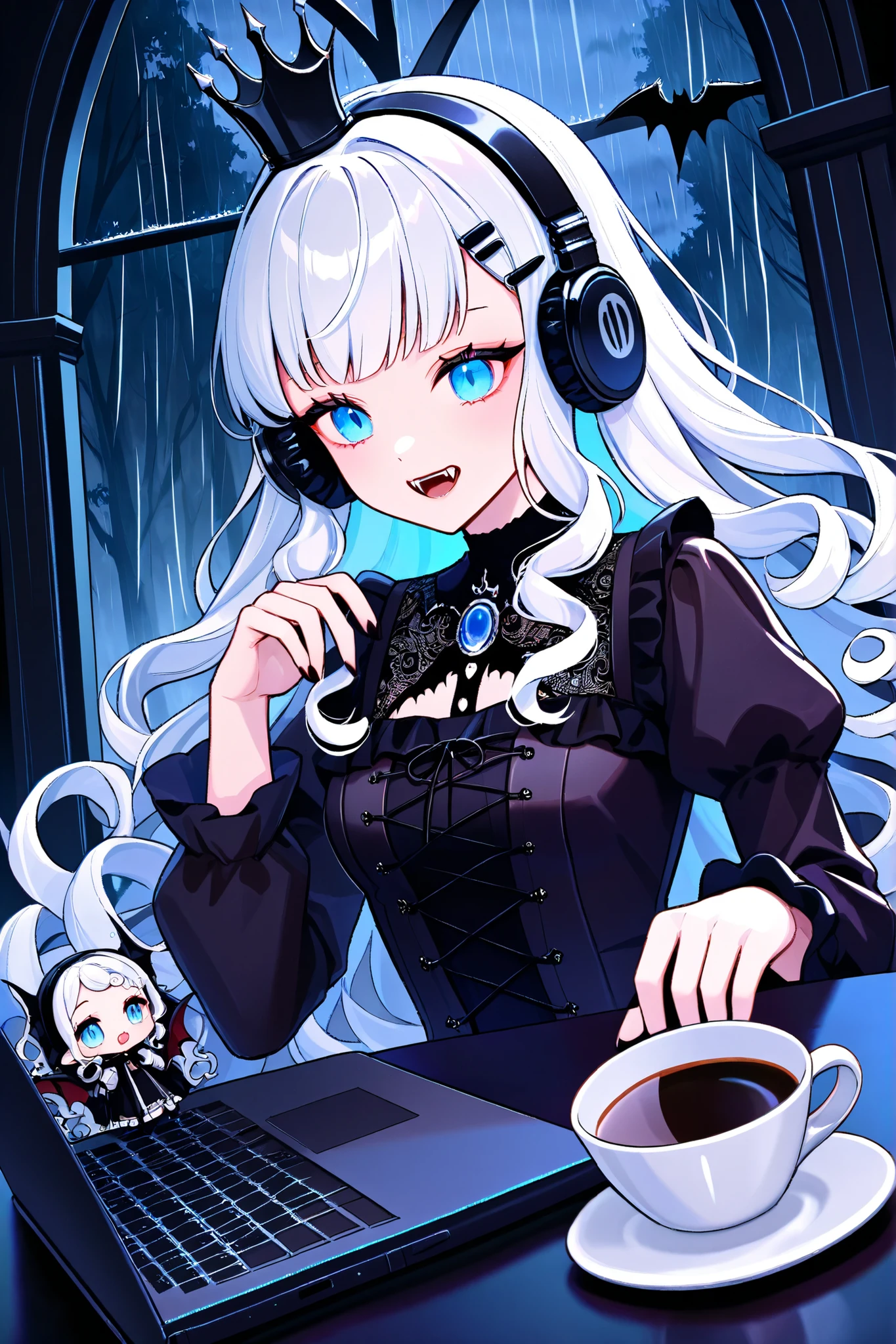beautiful vampire goth girl, chibi, gothic cafe, bat barrett's hair clips, crown, headphones, rain, white hair,Long Hair, fangs, High Resolution,  High Details, blue eyes, curly hair, coffee, gothic lace top, dark laptop, dark forest in the background
