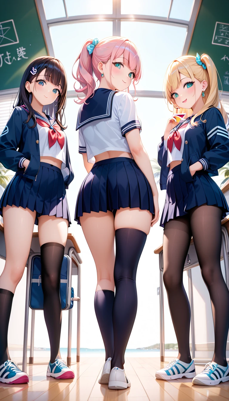 Texture CG, ((Ultra Detail Art)), ((master piece)), (extremely details CG),Multiple girls,3girls,harem , school gals ,school gyaru ,((((school unifrom))),skirt ,(((pleated mini skirt)))), white shirt, school bag, bag , beautiful legs,(from below:1.1), wind lift, panty shot, show off panties, (string panties),long hair, blonde hair, brown hair, pink hair, silver hair, Curve, Beautiful detailed eyes , gleaming skin, bracelet, ,hair ornament, hairclip, jewelry, open mouth ,light smile, embarrassed:1.4,