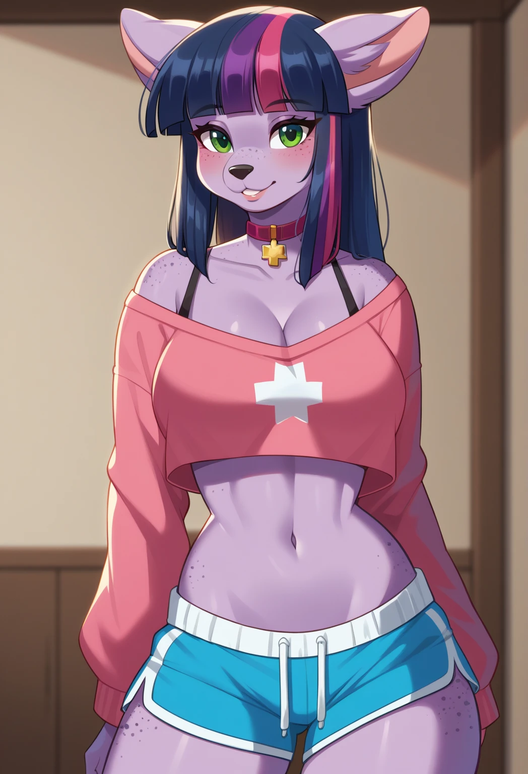 My little pony, anthro, dark blue detailed hair, white body, brown eyes, very seductive pose, opened her mouth, and strings of saliva stretched, saggy panties, big breasts, pussy under panties, finger on tongue, heart collar, earrings, piercing, black eyeshadow, black nails, patterned underwear, (pink school uniform)