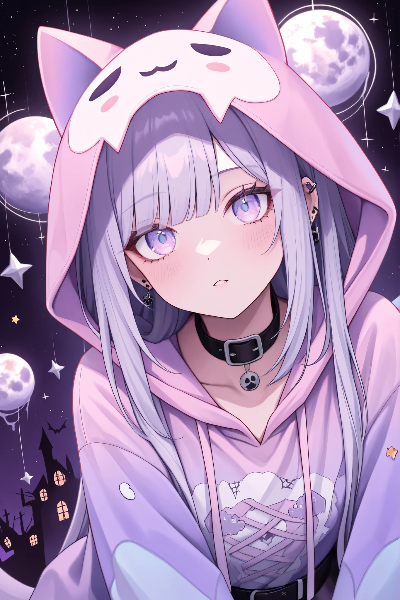 masterpiece, high score, great score, absurdres, Cute tati moons style, gothic girl wearing pink hoodie, Halloween,, well lit, pastel goth, 12k, ultra-detailed 